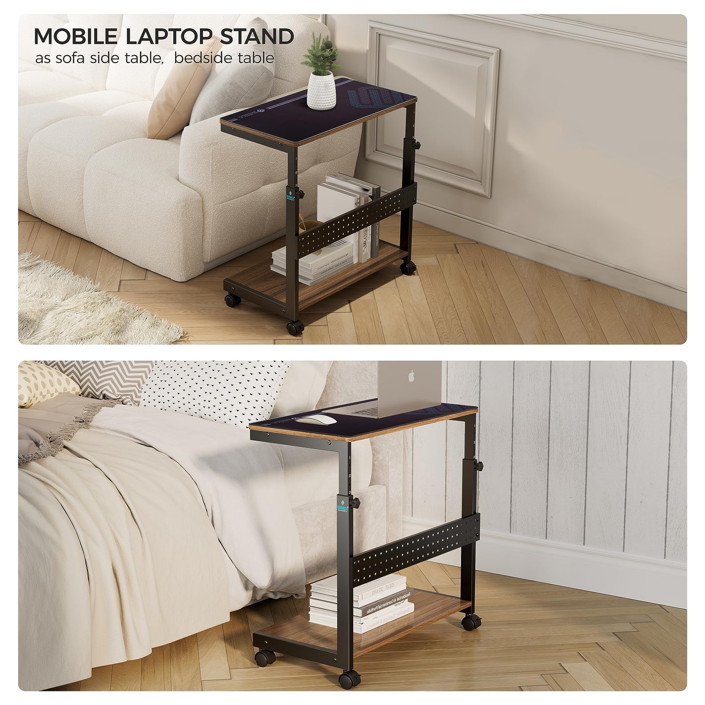 EUREKA ERGONOMIC PC Stand Computer Cart, Height Adjustable Tower Stand 2-Tier Suit for ATX Case Printer, Metal Rolling Cart on Wheels for Gaming Home Office, Walnut