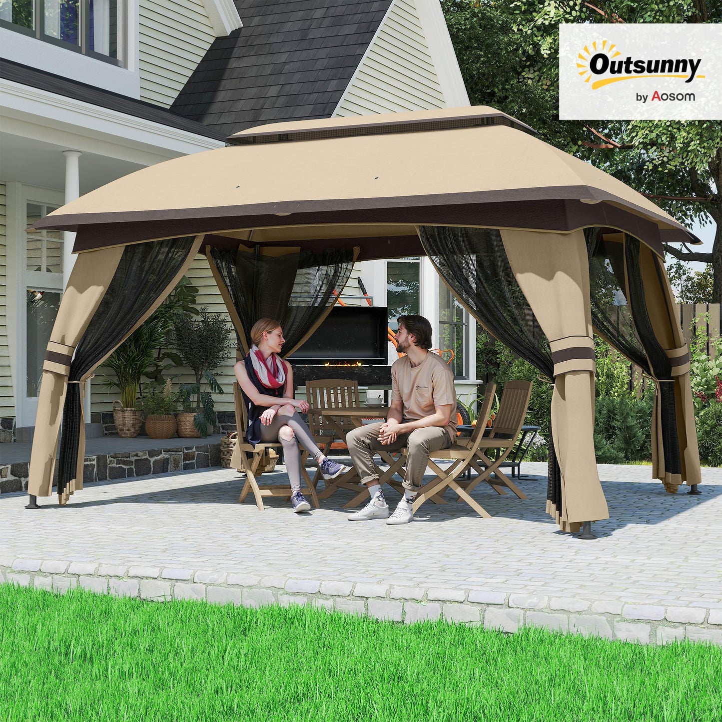 Outsunny 10' x 13' Patio Gazebo, Outdoor Gazebo Canopy Shelter with Netting, Vented Roof, Steel Frame for Garden, Lawn, Backyard, and Deck, Beige
