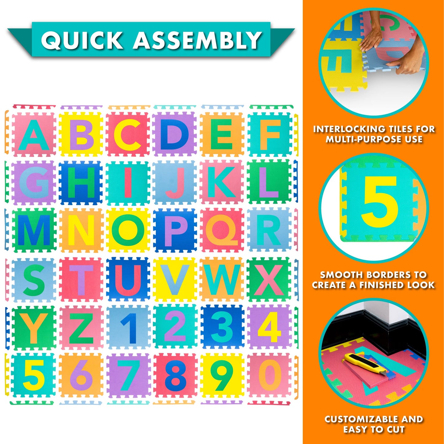 ProSource Kids Puzzle Alphabet, Numbers, 36 Tiles and Edges Play Mat, 12" by 12", Abc & 123