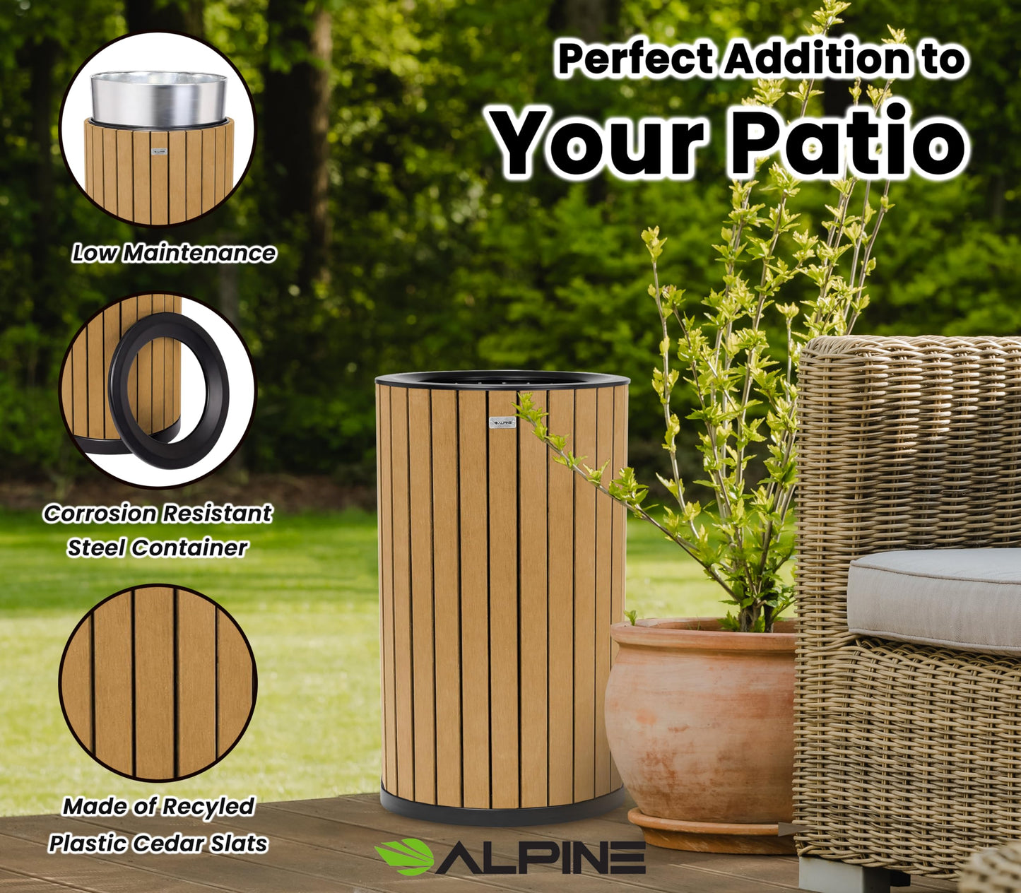 Alpine 32 Gallon Commercial Outdoor Trash Can – Open Top All-Weather Garbage Can with Leak-Proof Stainless Steel Liner, Floor-Mount Ready for Parks, Schools & Public Spaces (Flat Lid - Cedar)