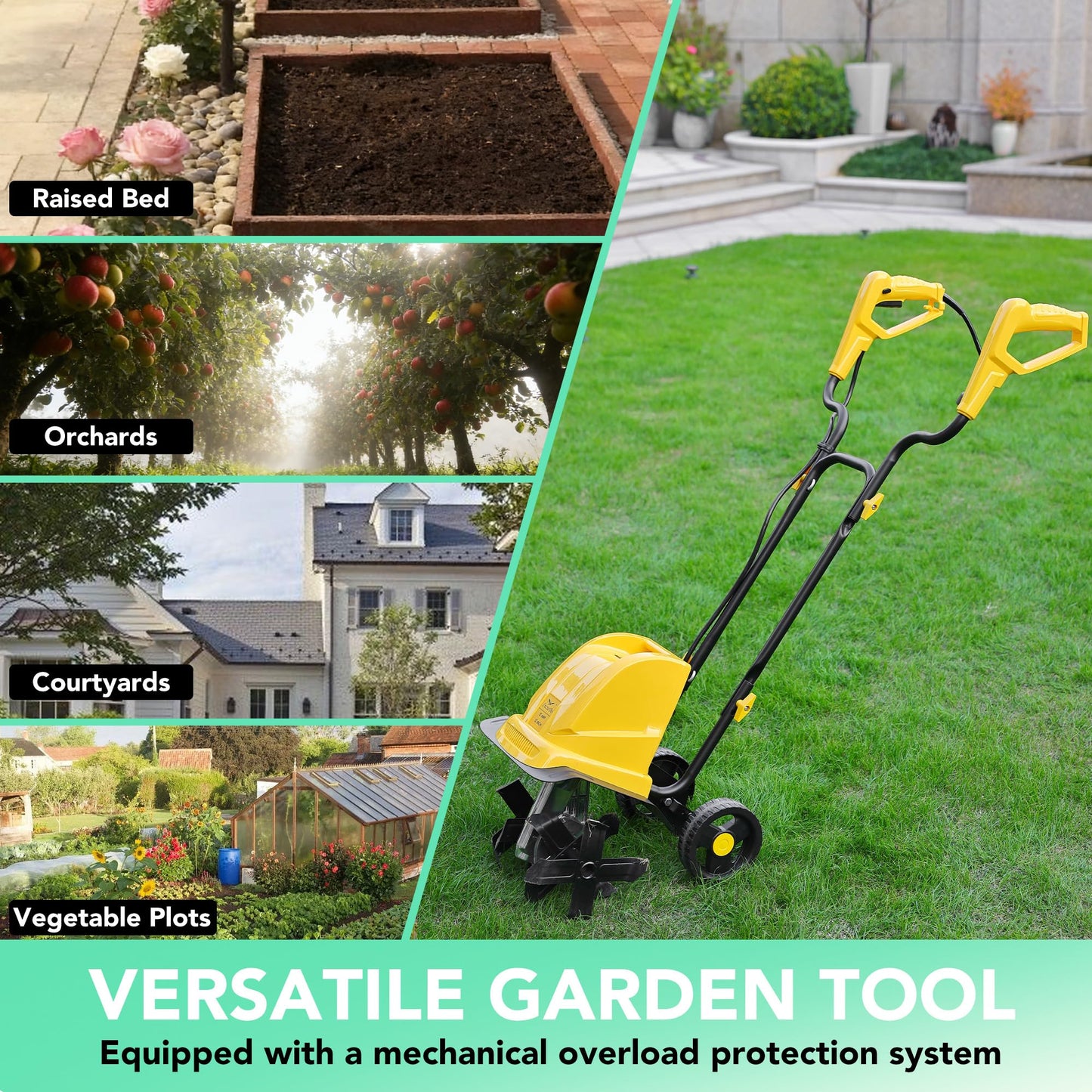 IncwBo Electric Tiller/Cultivator 4 Steel Tines, Garden Roto Tillers for Gardening, 15Amp 12 Inch Corded Rototiller with Adjustable Wheels