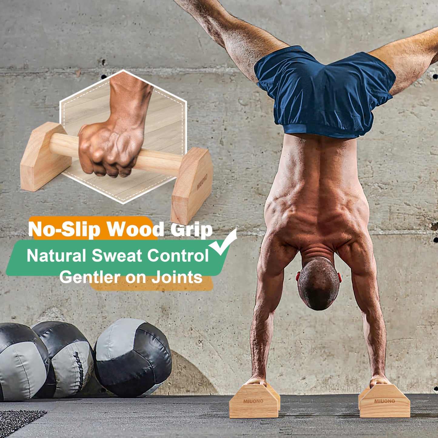 MIUONO Parallettes Push Up Bar, Oak Wood Calisthenics Equipment for Home Gym with Non-Slip Base, Handstand Trainer Push Up Handles for Floor Dip Workout and Strength Training