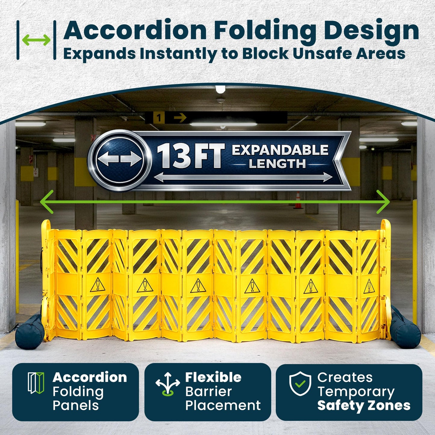Alpine Commercial Safety Barriers, 13 Foot Expandable Mobile Barricade System - Folding Portable Barrier, Yellow, Plastic, for Construction, Driveway Gate