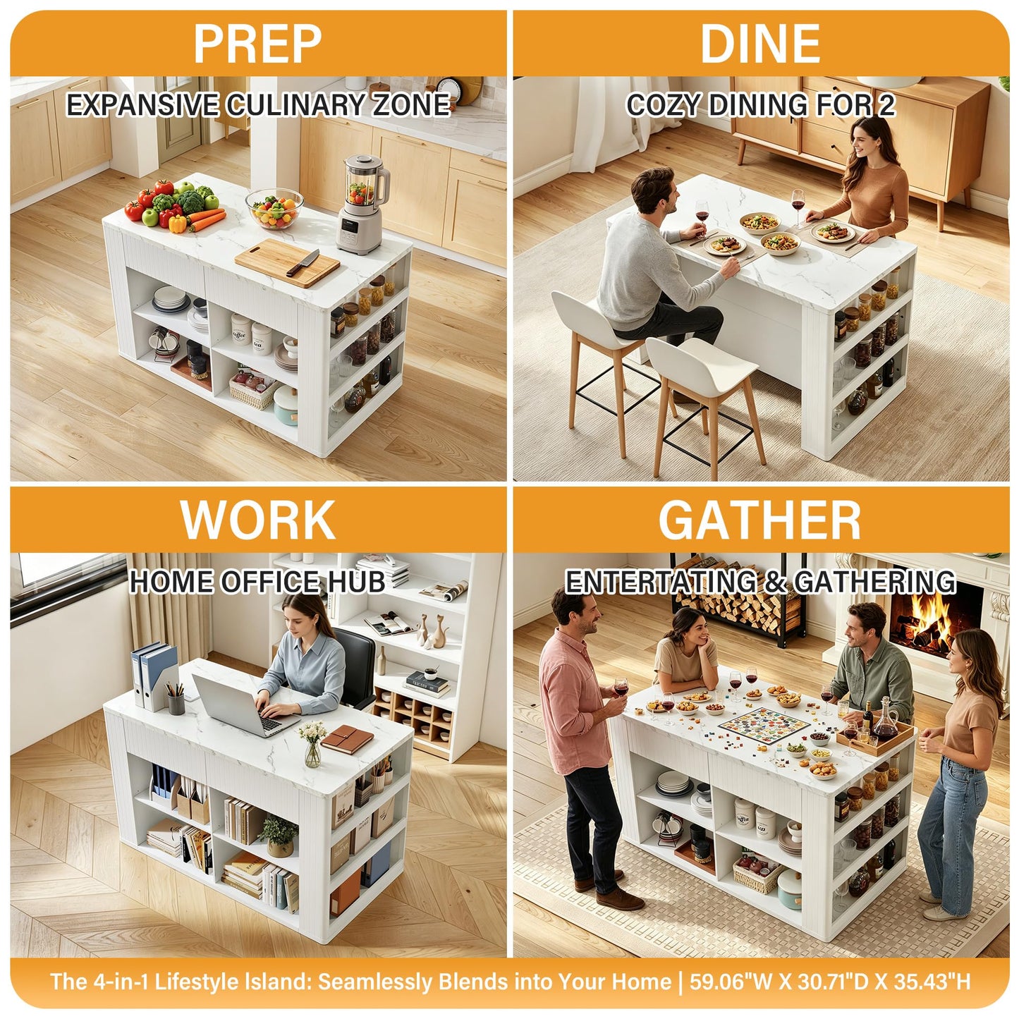 59" Kitchen Island with Storage & Seating for 2, Modern Stationary Kitchen Island with Faux Marble Top, 2 Drawers, Open Shelves & 5 Hooks, Counter Height Prep Table for Dining & Kitchen (White)