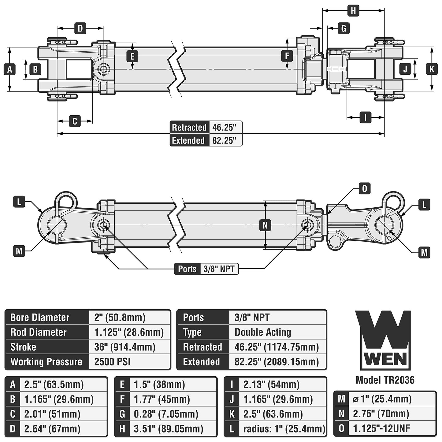WEN 2500 PSI Tie Rod Hydraulic Cylinder with 2 in. Bore and 36 in. Stroke (TR-2036)
