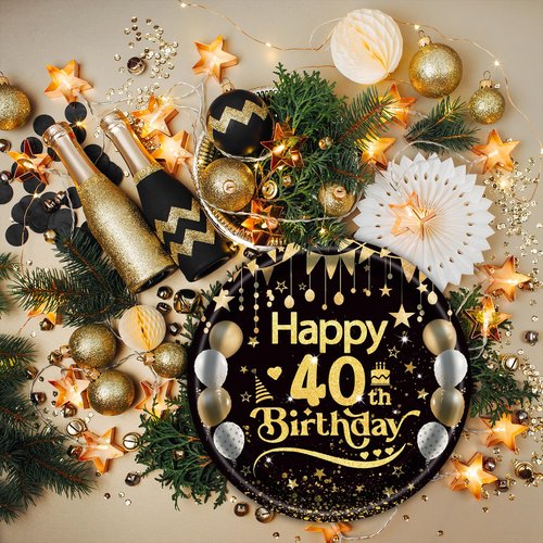 EVYIENEN 50Pcs 40th Birthday Party Paper Plates,7inch Disposable Black and Gold Dessert Party Plates Party Decorations for Men Woman 40th Happy Birthday Wedding Party Supplies