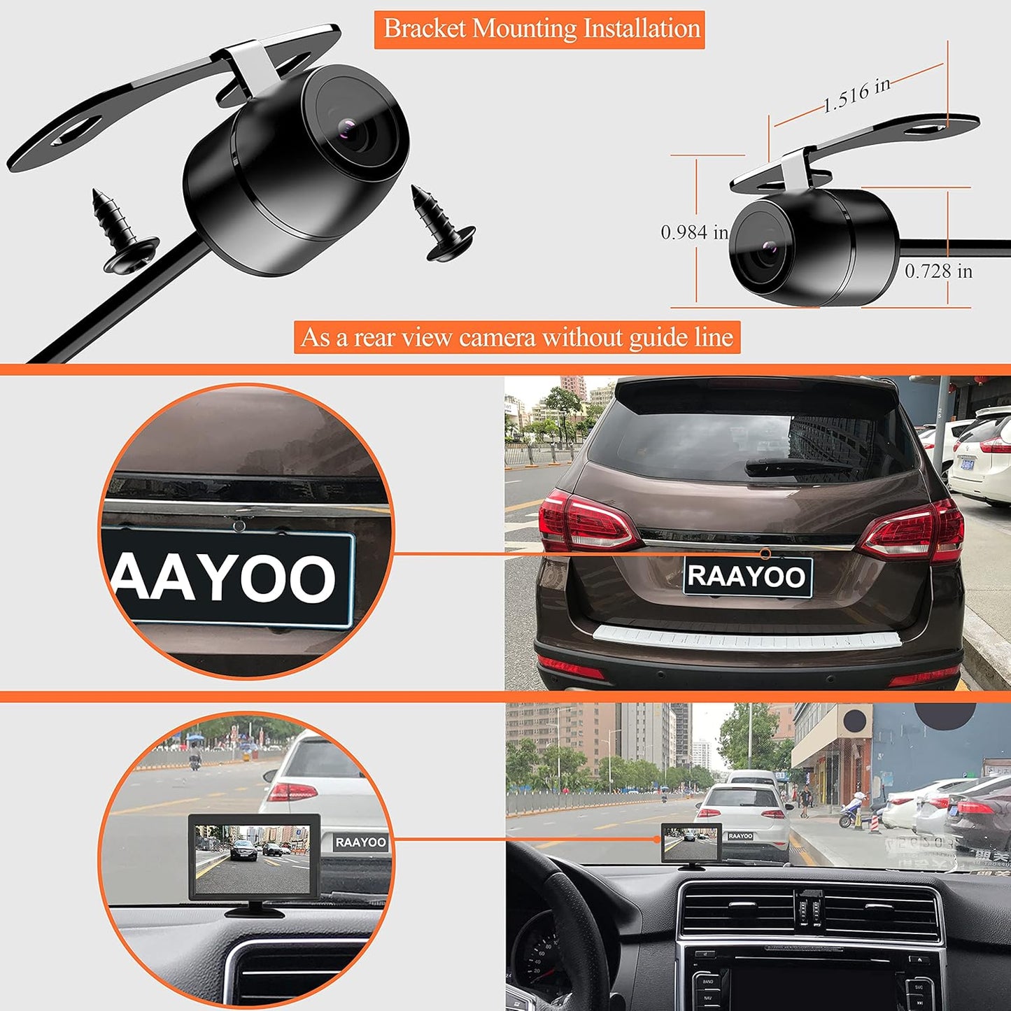 RAAYOO 170Wide IP69 18.5mm, 12V/24V, Backup Camera Flush Mount, Metal Housing View Angle Rear/Side/Front View Camera