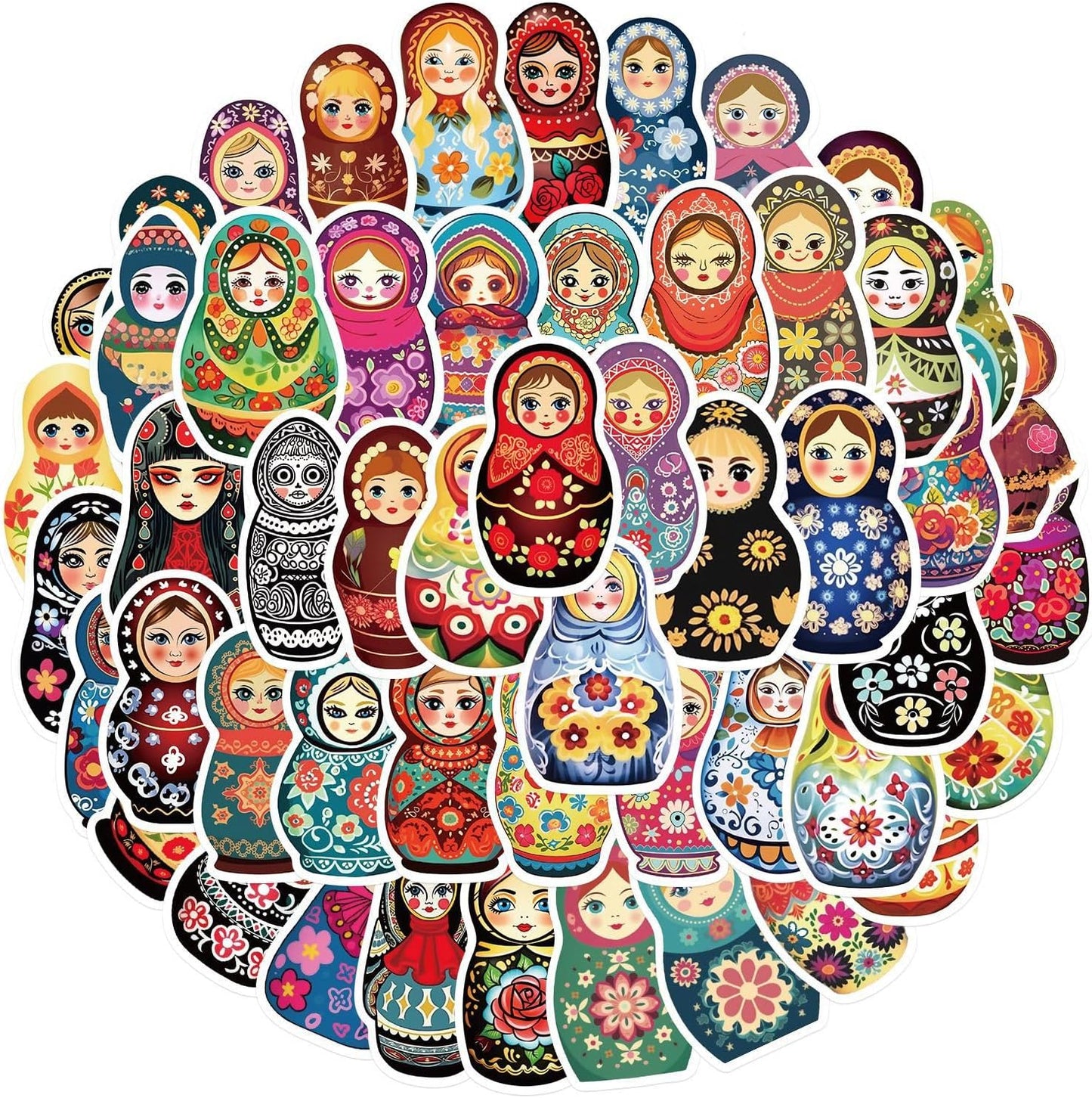 Aigemumy 50 PCS Russian Nesting Dolls Stickers Matryoshka Sticker Rerto Vinyl Decal for Journaling Laptop Scrapbook