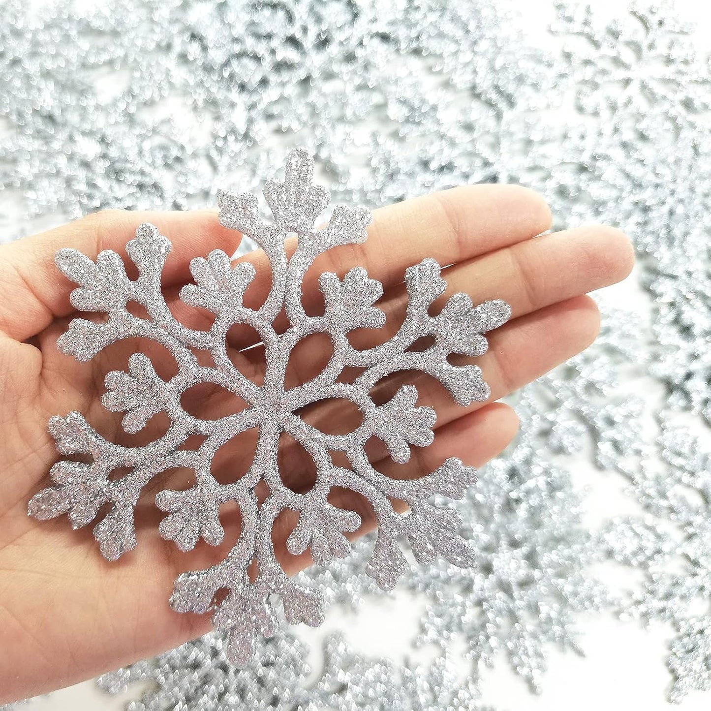 Skiennix Silver Snowflake Ornaments - 36 Pack Glittery Plastic Decorations for Winter & Christmas Trees