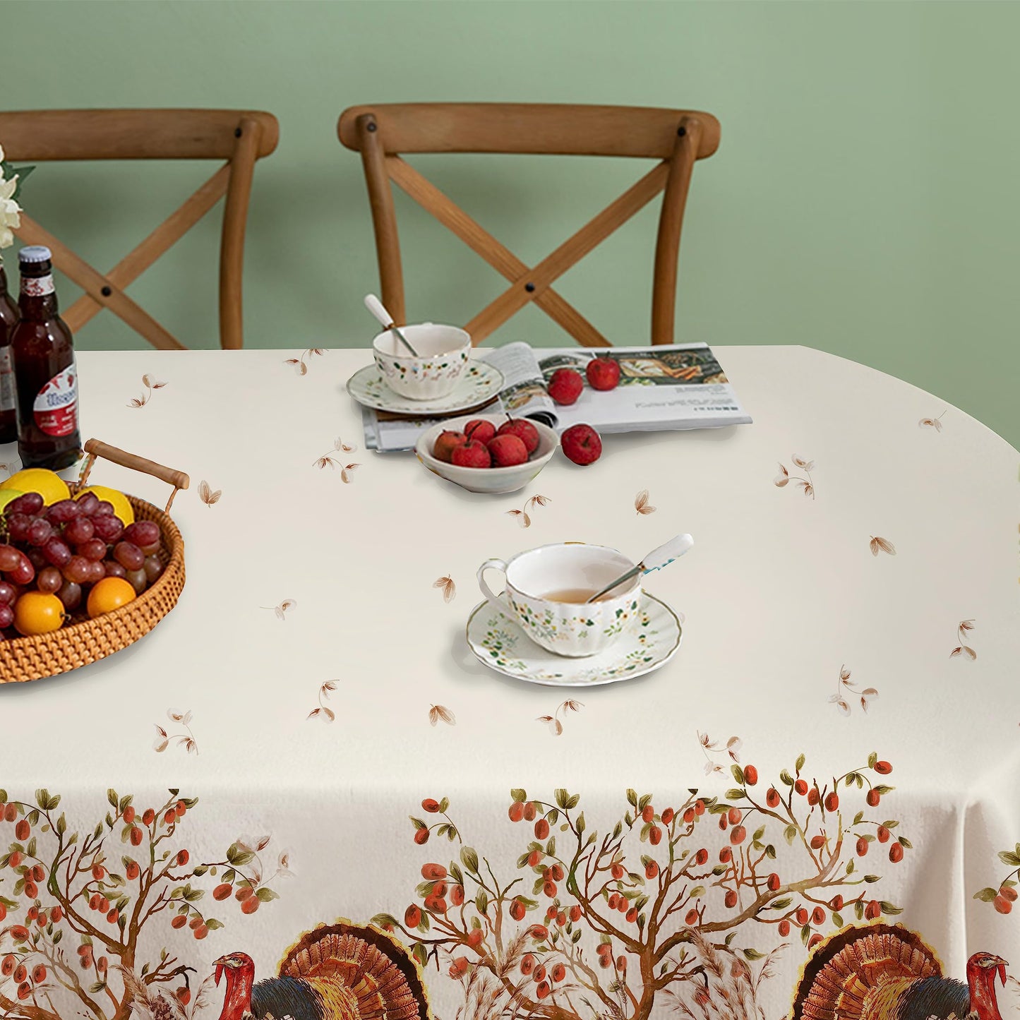 Virtumob Fall Thanksgiving Double Border Decoration Tablecloth, Turkey & Pumpkin Harvest Tablecloths, Waterproof Table Cover for Dinner Kitchen Party Holiday Decorations Oval 60 x 84 Inch