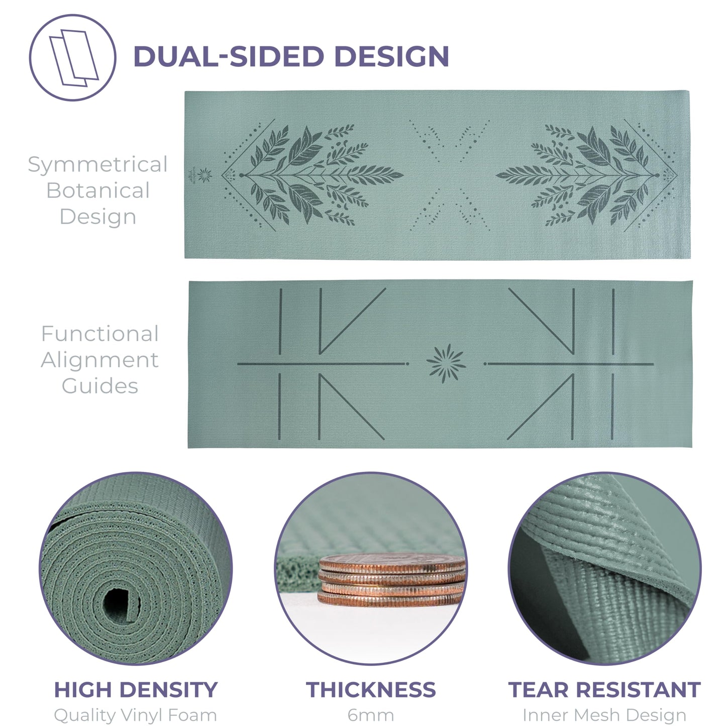 Ascend Yoga Mat with Alignment Marks - Premium 6mm Thick, 72" x 24" Reversible Exercise Mat - Non Slip, Tear Resistant, Workout Mats for Pilates, Home, Studio, Gym, Floor Stretching - Sage Haven - Printed