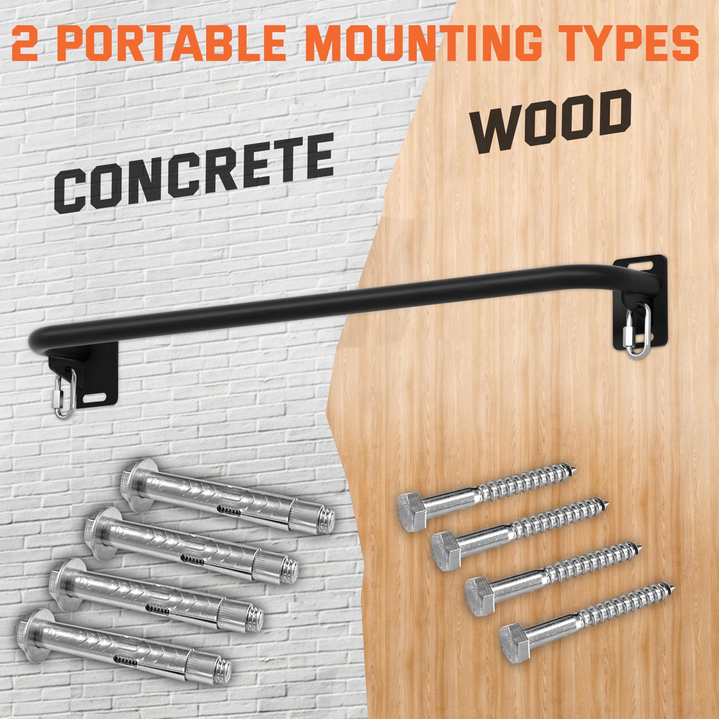 36" Heavy Duty Pull Up Bar Wall/Joist Mounted, 600 LB Capacity, Multi-Grip Bar for Garage & basement rafter Use - All-in-One Workout with Carabiners & Space-Saving Design