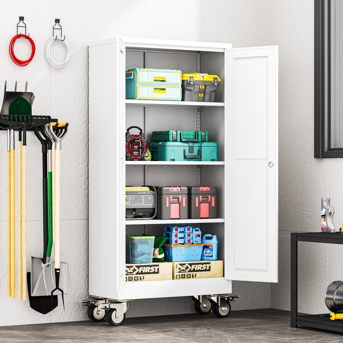 erosoei 61" H Metal Garage Storage Cabinet, Rolling Tool Cabinet with 2 Doors and Wheels, Locker Steel Cabinet with 3 Adjustable Shelves, Organization Cabinet for Garage,Office,Home,Gym,School（White）