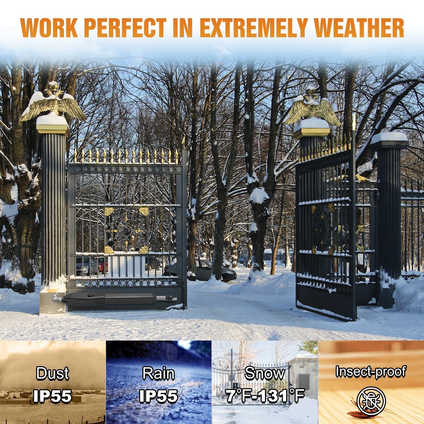 JUJIANG C026 Solar Gate Opener with Batteries & Solar Panel for Single Swing Gates Up to 770lb 16FT Automatic Gate Openers with Remote Complete Kit Medium Duty Automatic Gate Openers Solar Powered