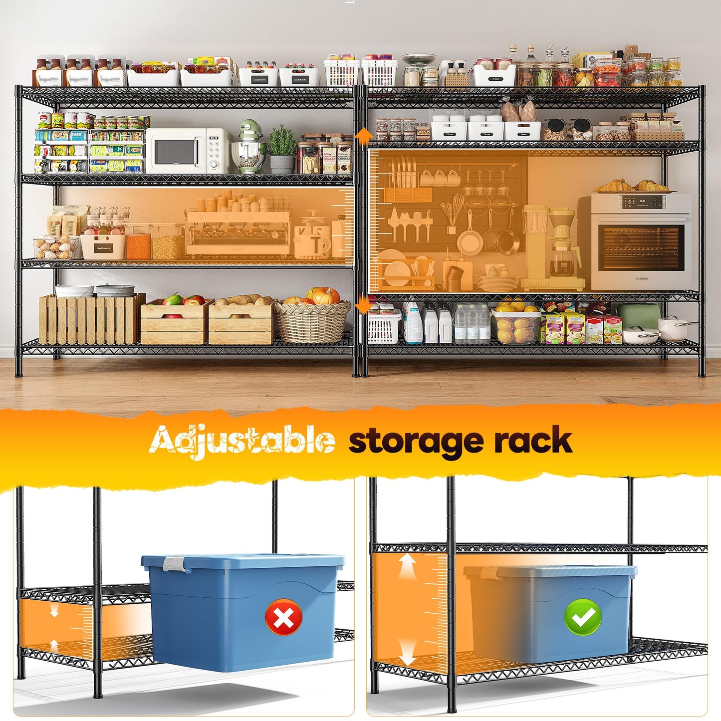 REIBII 55.5" W Storage Shelves 2560LBS Metal Shelving 4 Tier Wire Shelving Unit Garage Shelving Heavy Duty Metal Shelves for Storage Rack Commercial Adjustable Pantry Shelf, 55.5" W X 18''D X 55.5" H