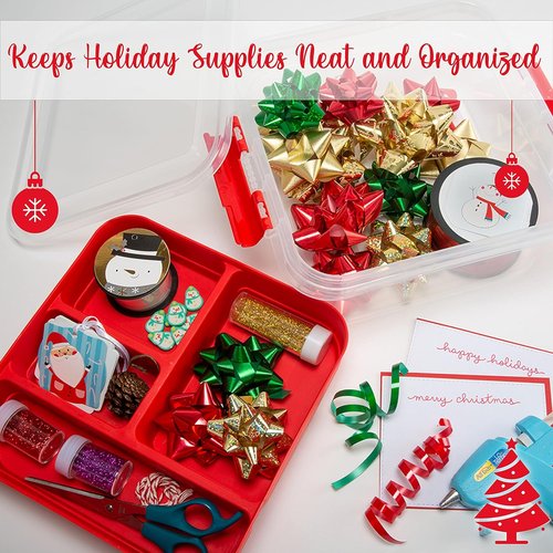 Gift Supply Storage Box by Simplify - 5 Compartment Design with Clear Top Lid | Red | 9.5” x 9.5” x 4.5”