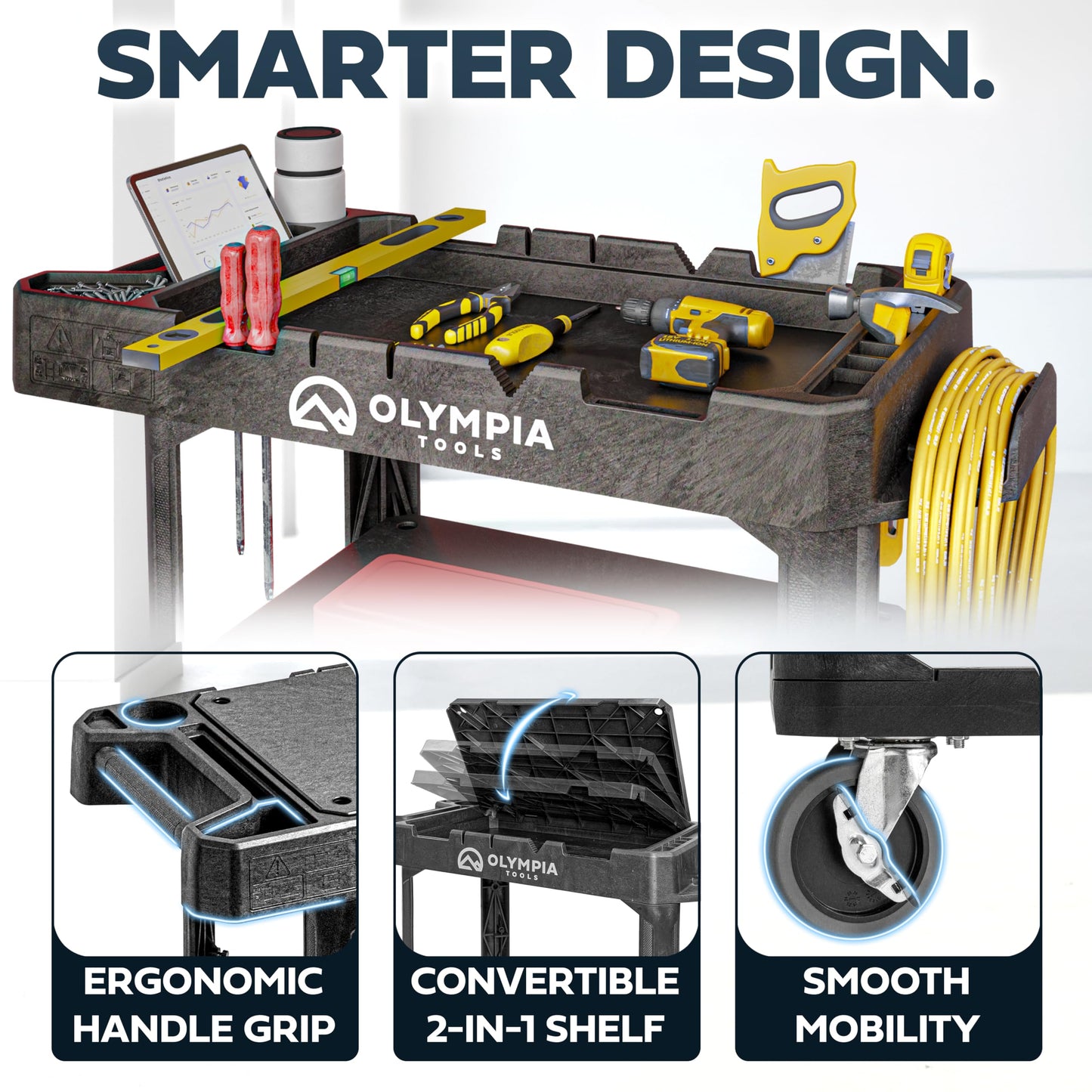 Olympia Tools Heavy Duty Utility Work Cart | 2 in 1 Convertible 3 Shelf to Flat Top Workstation | 660 lb Capacity, HDPE Frame, Ladder Hook, 4 Swivel Wheels | Tool Carts for Garage & Maintenance