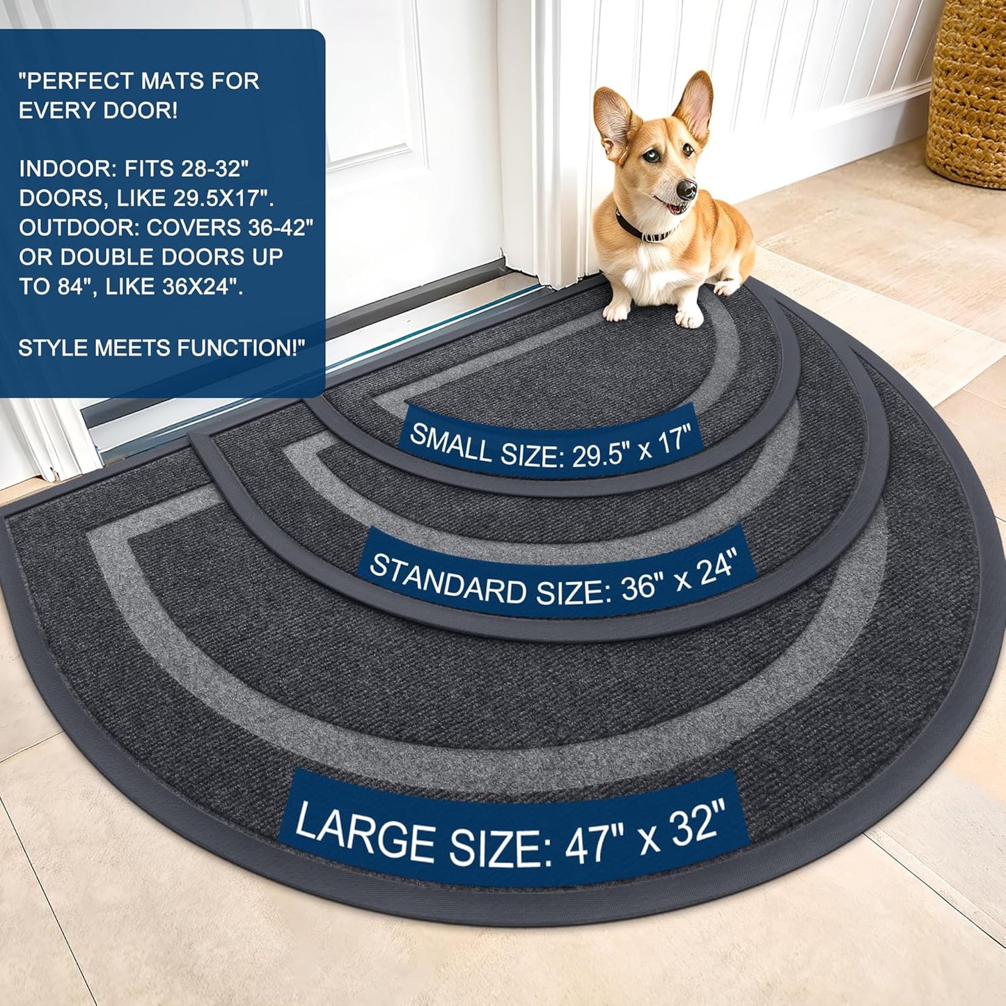 OLANLY Half Circle Door Mat - Waterproof All-Season Doormat for Indoor/Outdoor Use | 36x24 Grey Design