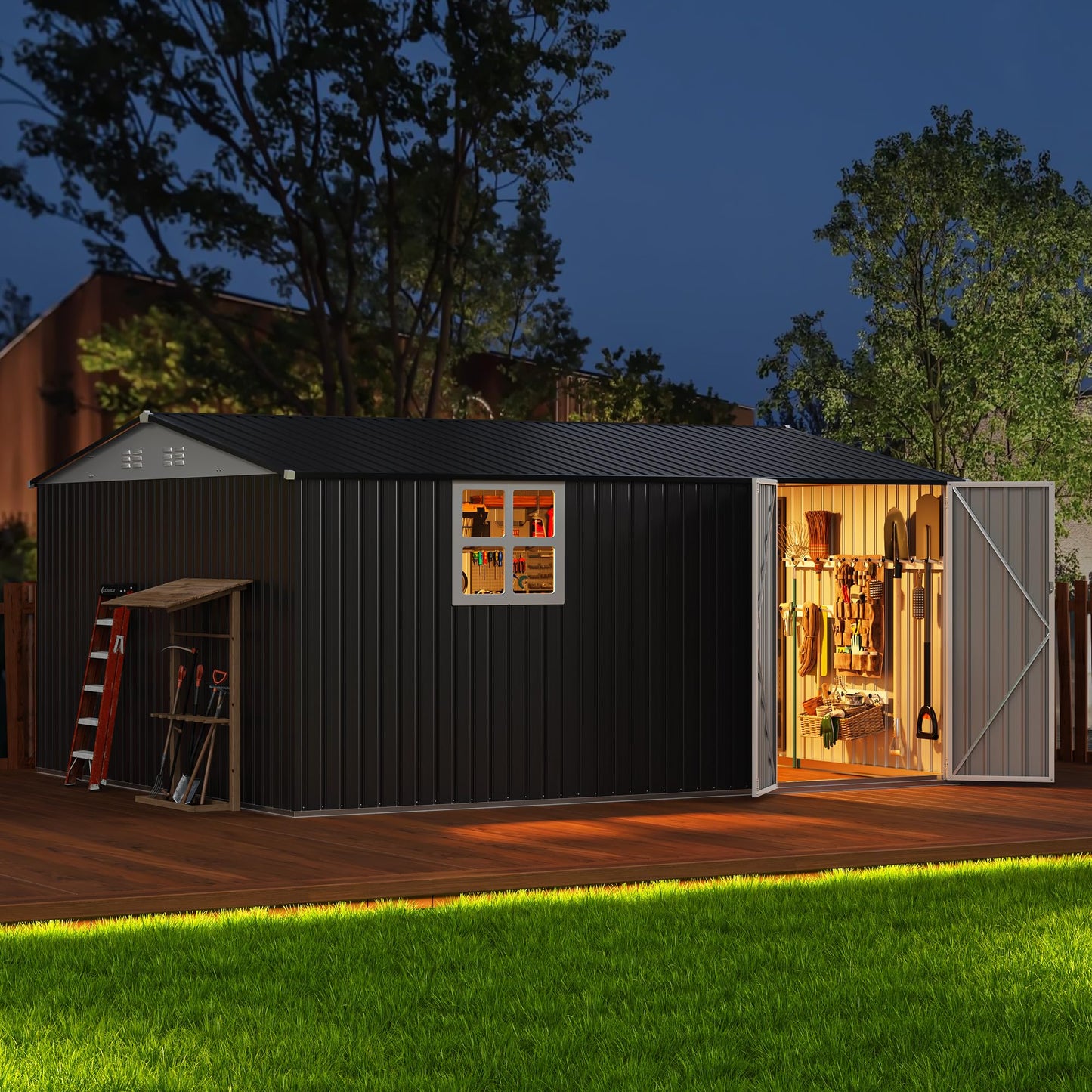 Polar Aurora 12X14 FT Metal Outdoor Storage Sheds with Window, Heavy-Duty Galvanized Steel Garden Shed with Lockable Doors and 4 Vents, Large Weatherproof Tool Shed Kit for Backyard Patio, Black