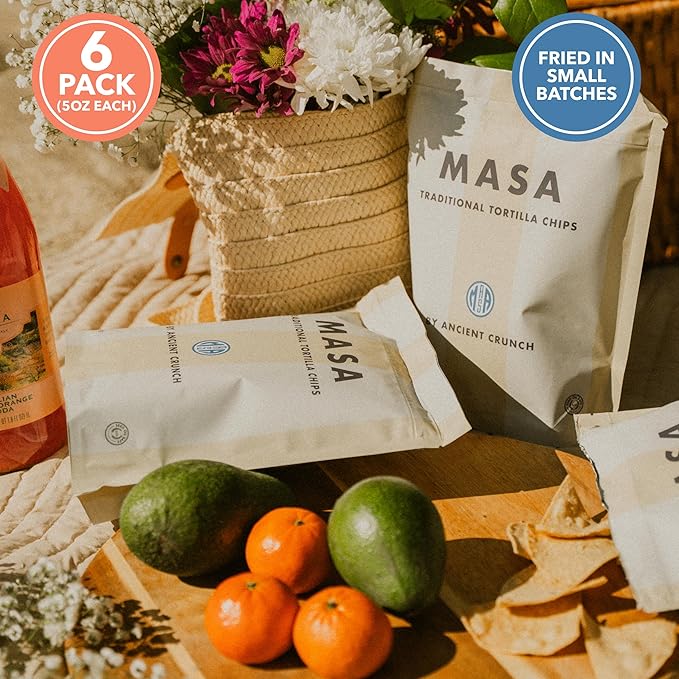 MASA Tortilla Chips Snack Pack - Seed Oil Free Snacks, Organic Chips Tortilla - Gluten & Dairy Free, Naturally Grown Corn Chip - Made with Grass Fed Tallow & Sea Salt (6 Pack, 5oz Each - White Corn)