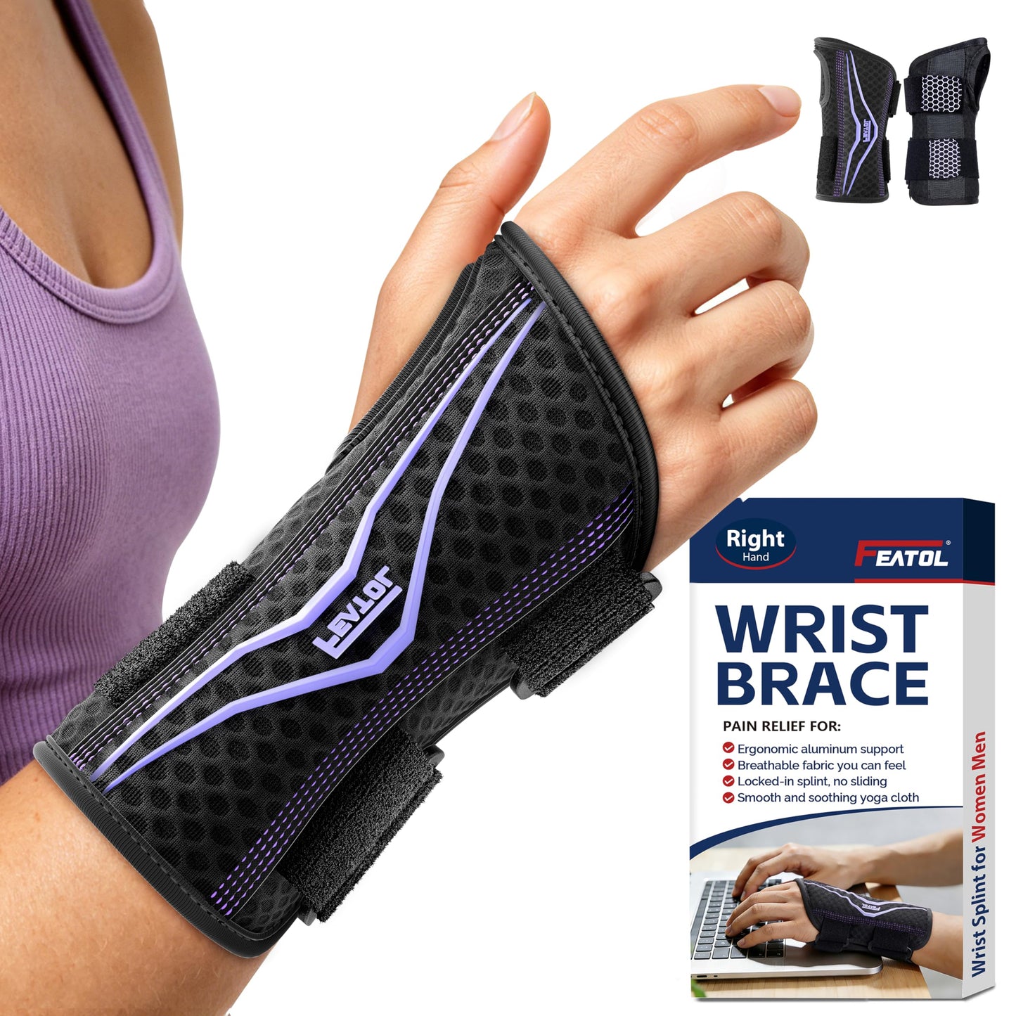 FEATOL Wrist Brace with Ergonomic Wrist Splint Right Hand, Breathable Hand Support for Women and Men, Pain Relief for Carpal Tunnel, Tendonitis & Daily Work, Medium