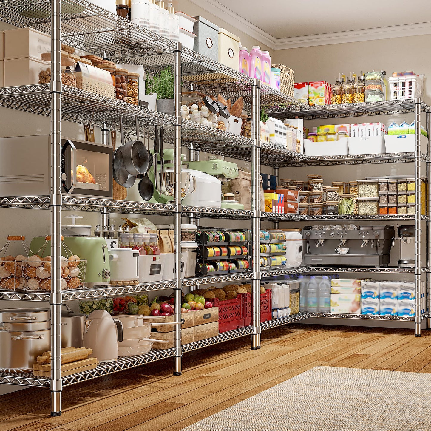 REIBII 1500LBS Storage Shelves 61.7''W Wire Shelving Unit 5 Tier Metal Shelving for Storage Rack Shelves Heavy Duty Garage Shelf Pantry Shelves Kitchen Shelving, 61.7" W*72.4" H*15.8" D, Chrome