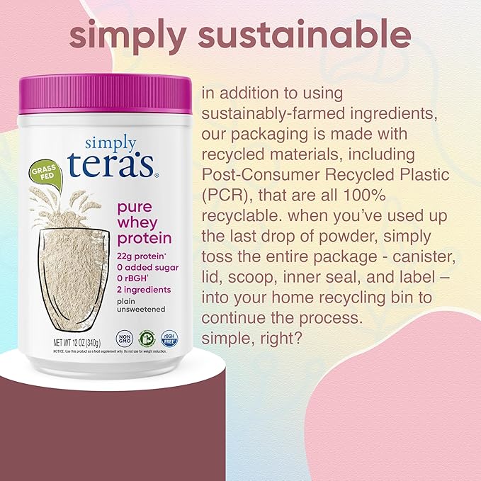 Simply tera's Pure Whey Protein Powder - Grass Fed Whey Protein Powder, Clean & Natural, Unflavored, Non-GMO, Kosher, Unsweetened - 12 Oz