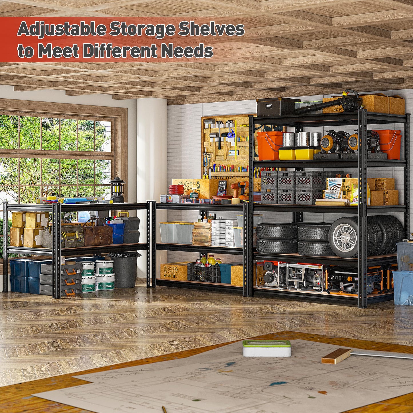 REIBII 2400LBS Garage Shelving 5 Tier Storage Shelves Heavy Duty, Adjustable Metal Shelving Unit,Garage Shelves for Basement,Warehouse,Pantry,Closet,Kitchen 72" H x 36" W x 16" D,2 Pack