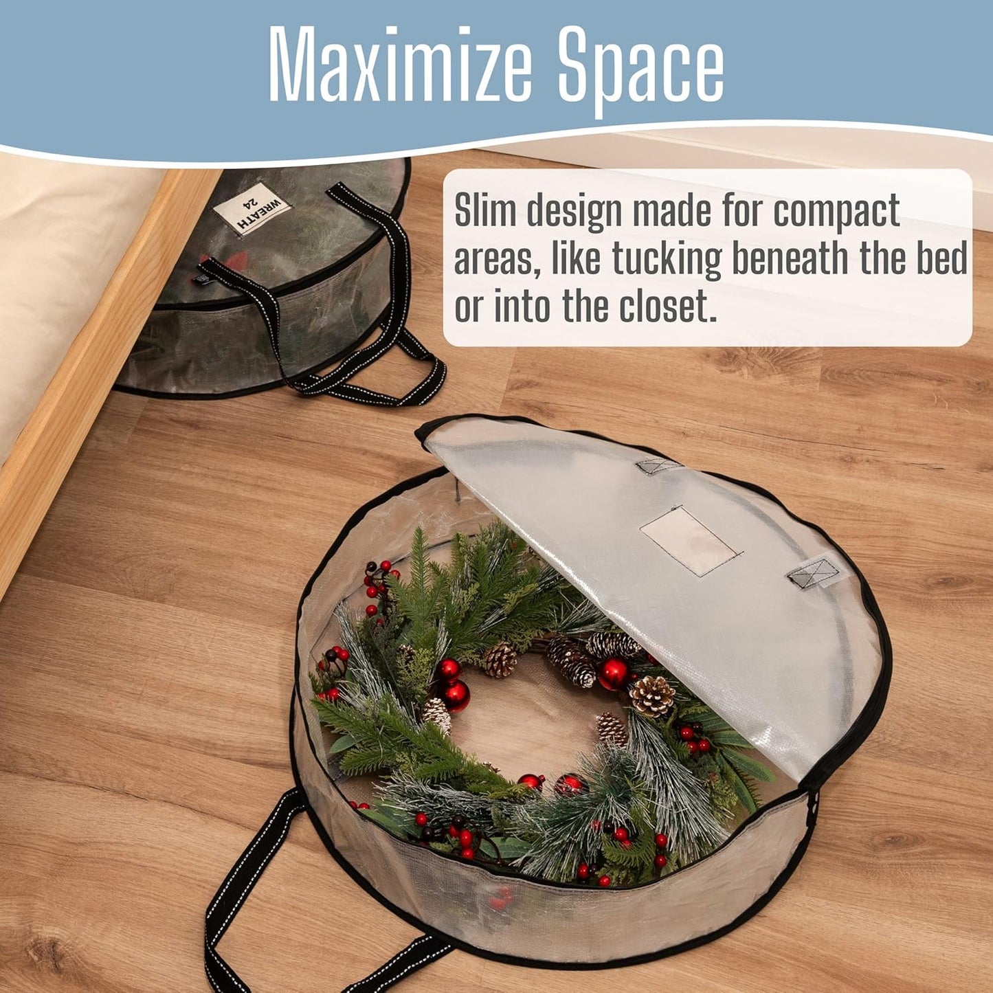 VENO Wreath Storage Container - 24 Inch Heavy-Duty Clear Bag with Wall Hanging Handles | 2 Pack