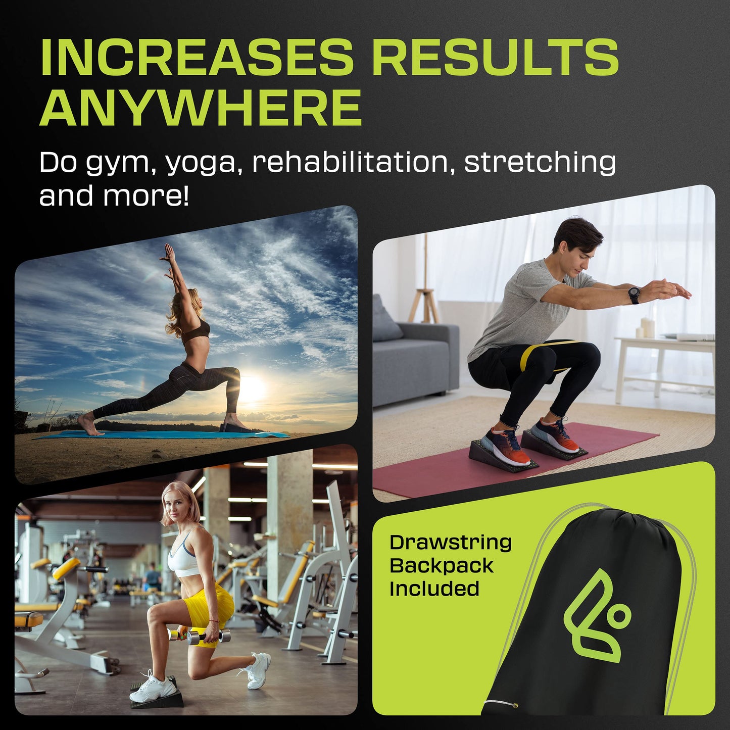 Flexelent Squat Wedge Block Pair - Heel Elevated Squat Wedge for Deeper Squats, Heavy Lifting and Better Form - 17° Angle Exercise Wedges, Slant Board for Squats with Carry Backpack - Lime Green