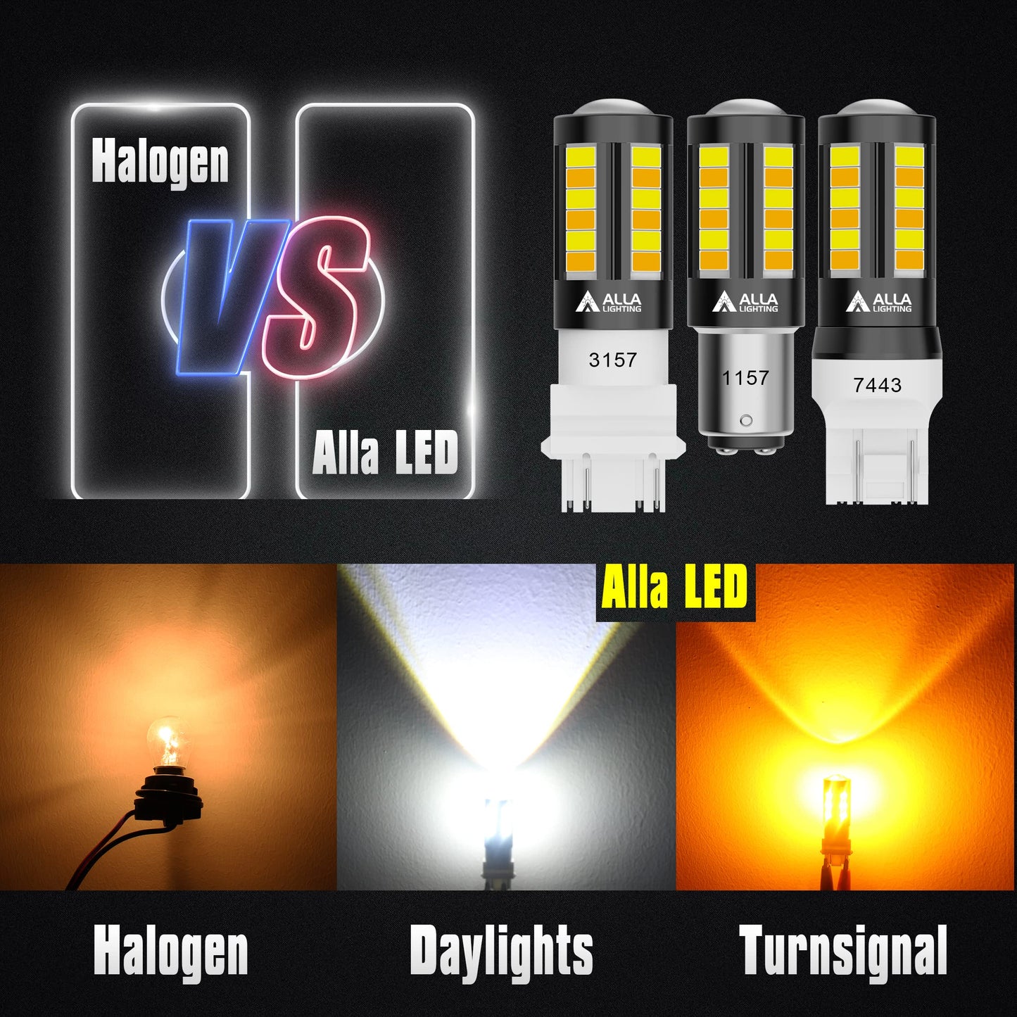 Alla Lighting 7443 Switchback LED Bulbs, Dual-Color Amber Yellow & Xenon White, T20 7443 7444, Model Alla-7443-5730+1616