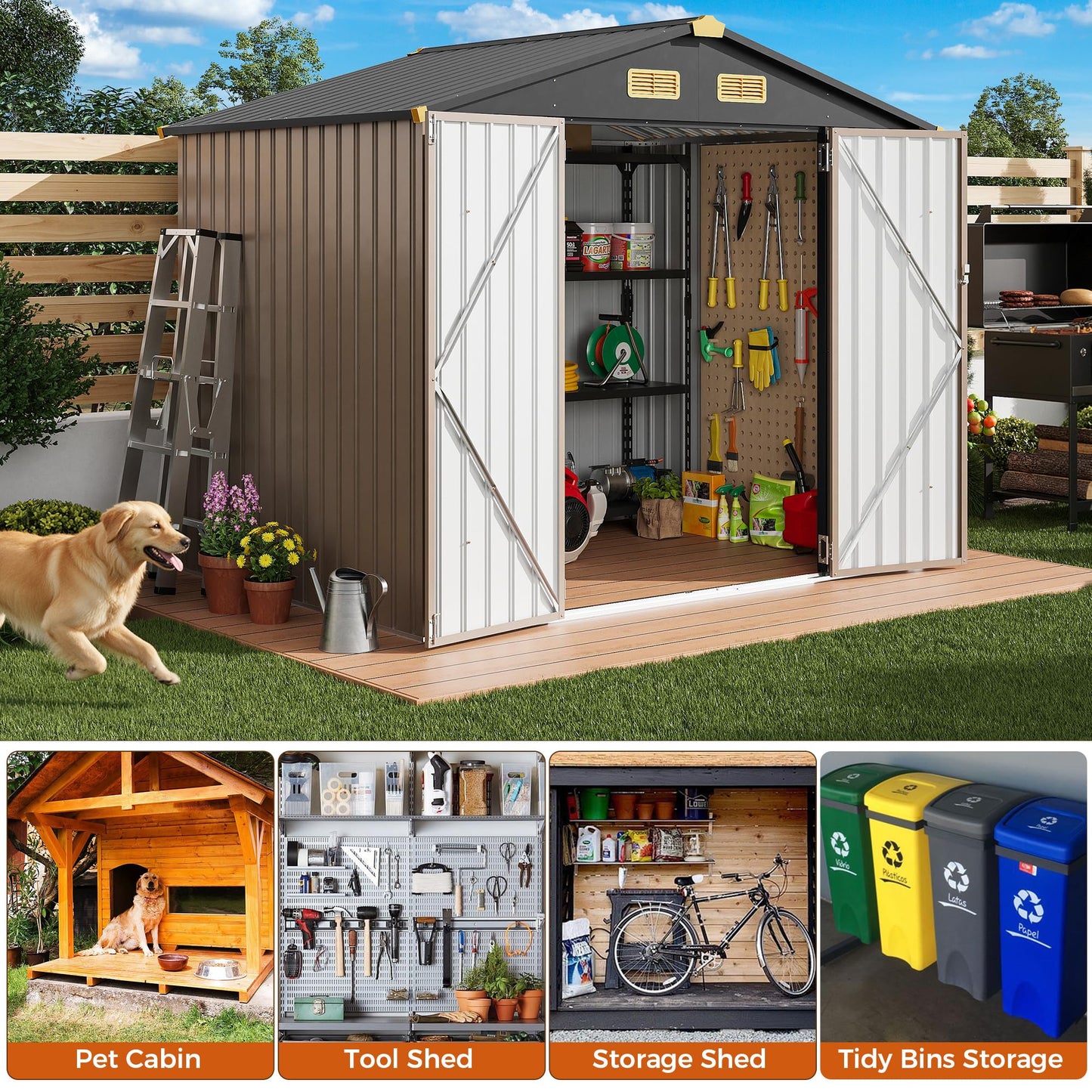 IRONCK 8x6FT Outdoor Storage Shed with Lockable Doors, 7.4x5.3FT Base Galvanized Steel Metal Garden Tool Shed with Breathable Vent for Yard Bins/Generator/Wheelbarrow Storage, Brown