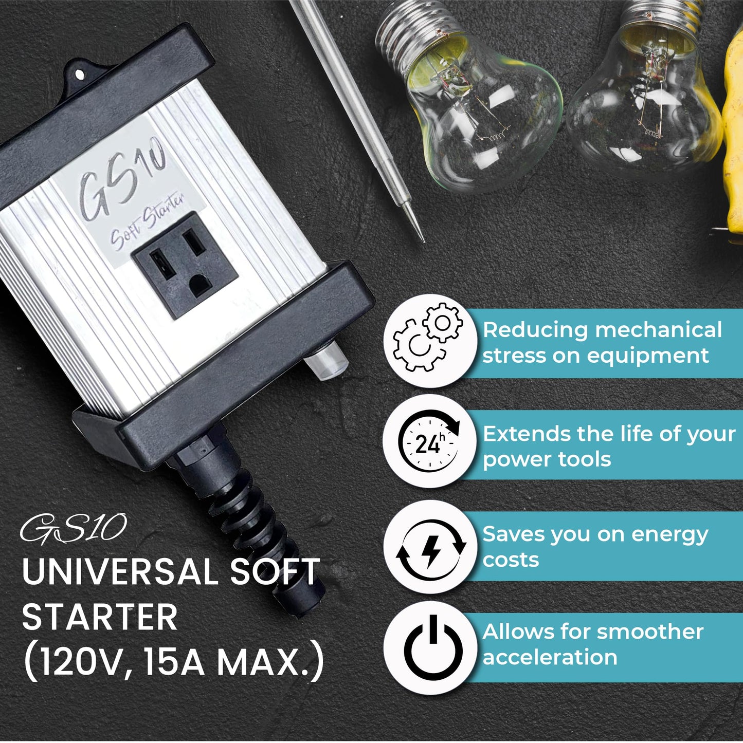 Torque Tamer GS10 Soft Starter Fully Automatic Heavy Duty Universal for Power tools Miter Saw Table Saw Grinder Router Planer etc. (120V, 15A max.)