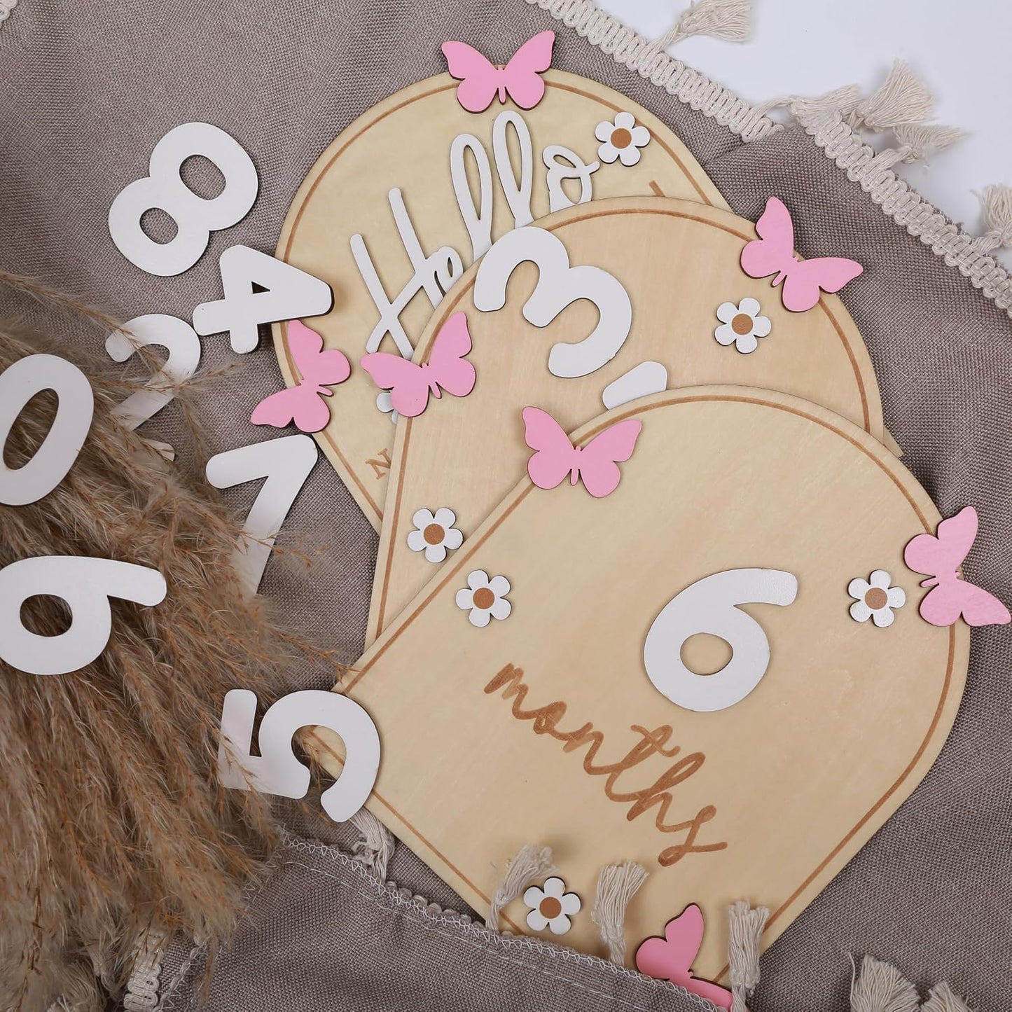 Board,3D Pink Butterfly Hello World Newborns Welcome Wooden Monthly Milestone Cards,Pink Butterfly Newborn Birth