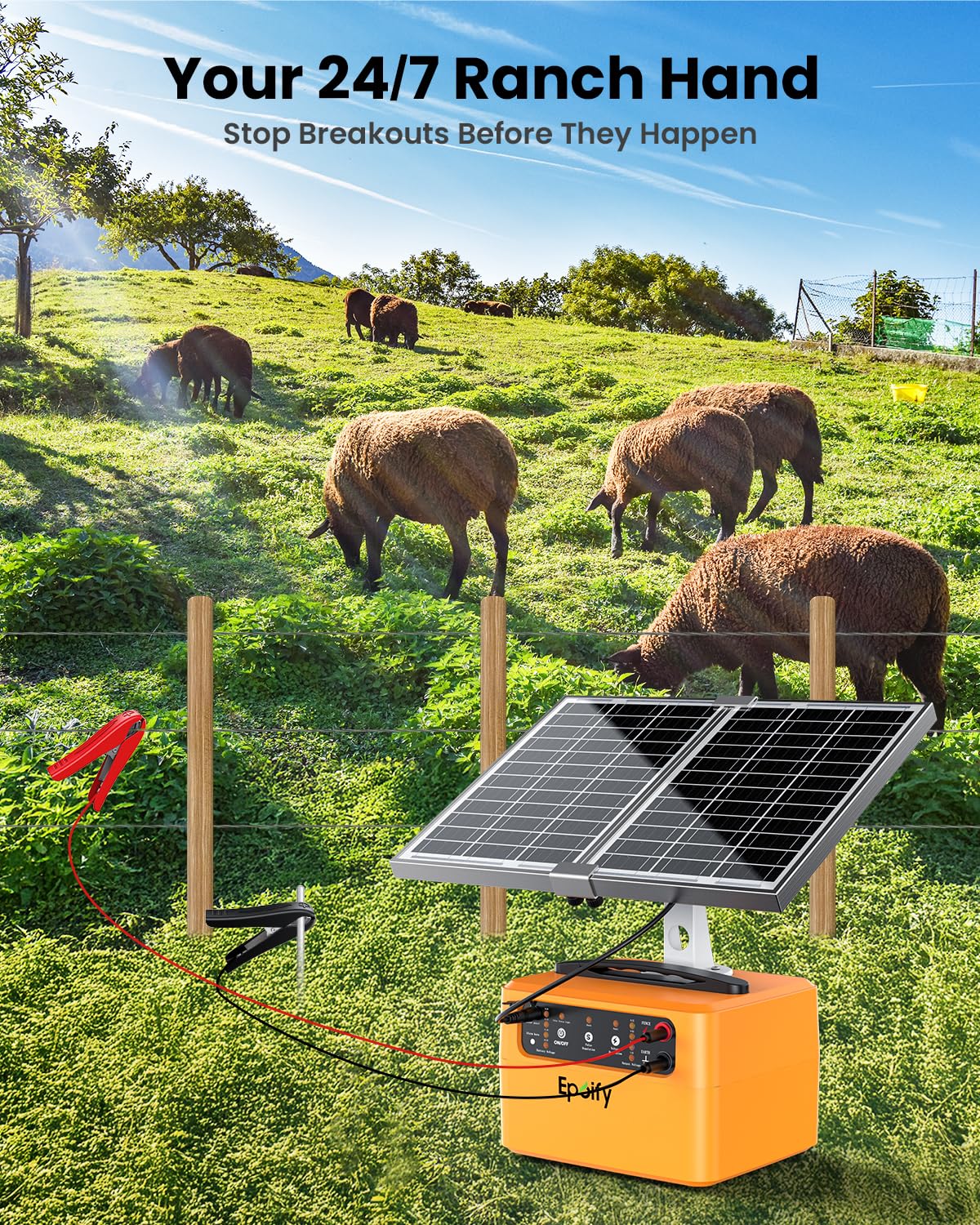 Solar Electric Fence Charger 30 Mile, 0.3-1.5 Joule Adjustable Fence Energizer with 12000mAh Battery&Voltage Display, Solar+AC Powered Electric Fence Charger for Livestock, Deer and Raccoon Control
