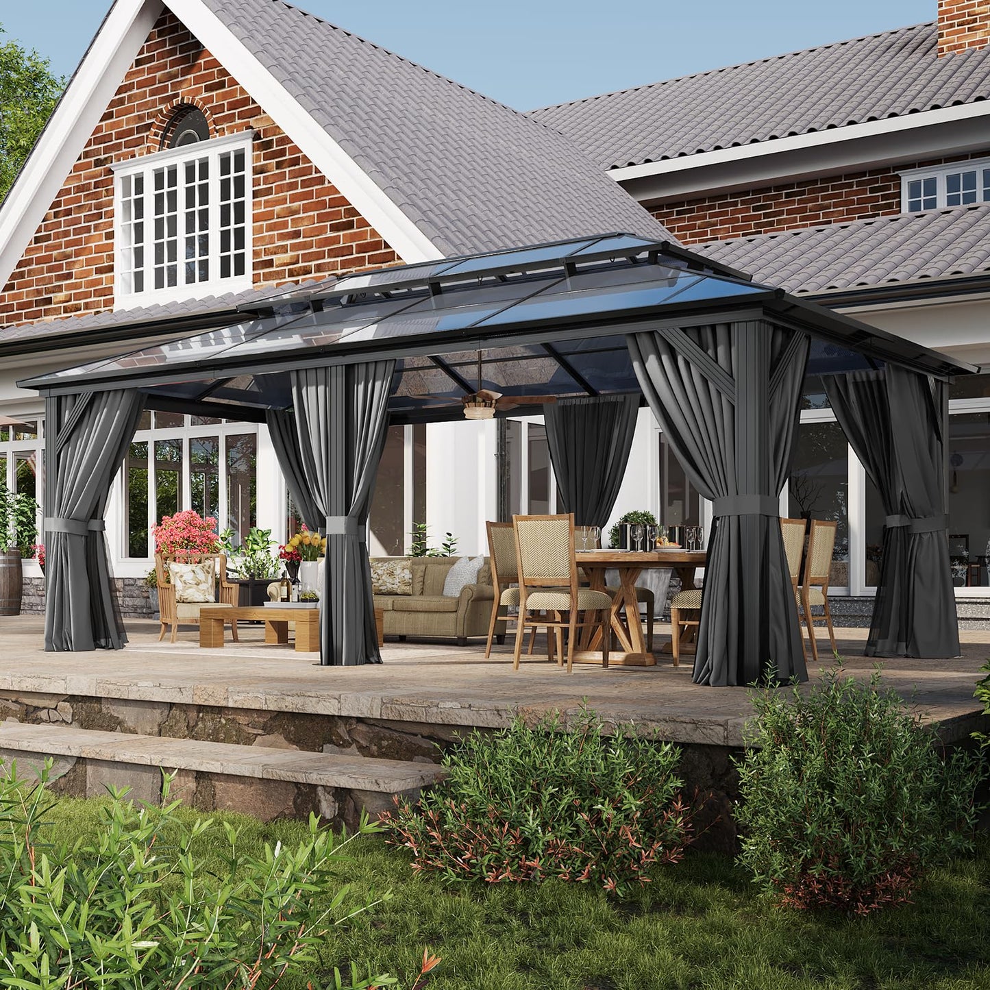Aoxun 12'x20' Hardtop Gazebo, Aluminum Frame Permanent Pavilion with Curtains and Netting, Outdoor Polycarbonate Double Roof Canopy, Designed for Garden, Lawns, Patio, Gray