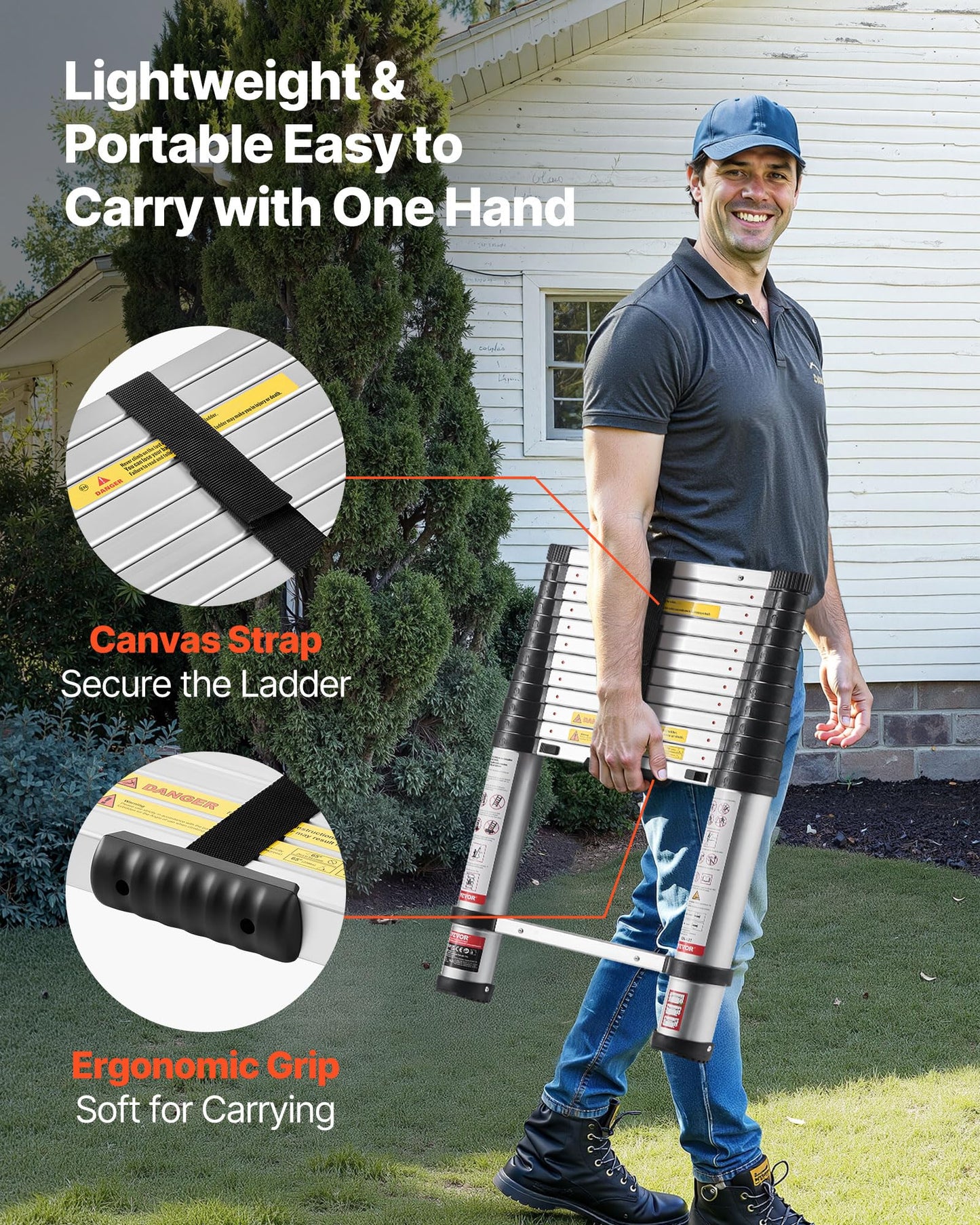 VEVOR 12.5ft Telescoping Ladder, Aluminum Lightweight Multi-Purpose Collapsible Extension, One-Touch Retraction Ladder, Heavy Duty 330LBS Max Capacity with Non-Slip Feet, for Home, Outdoor Work, Loft