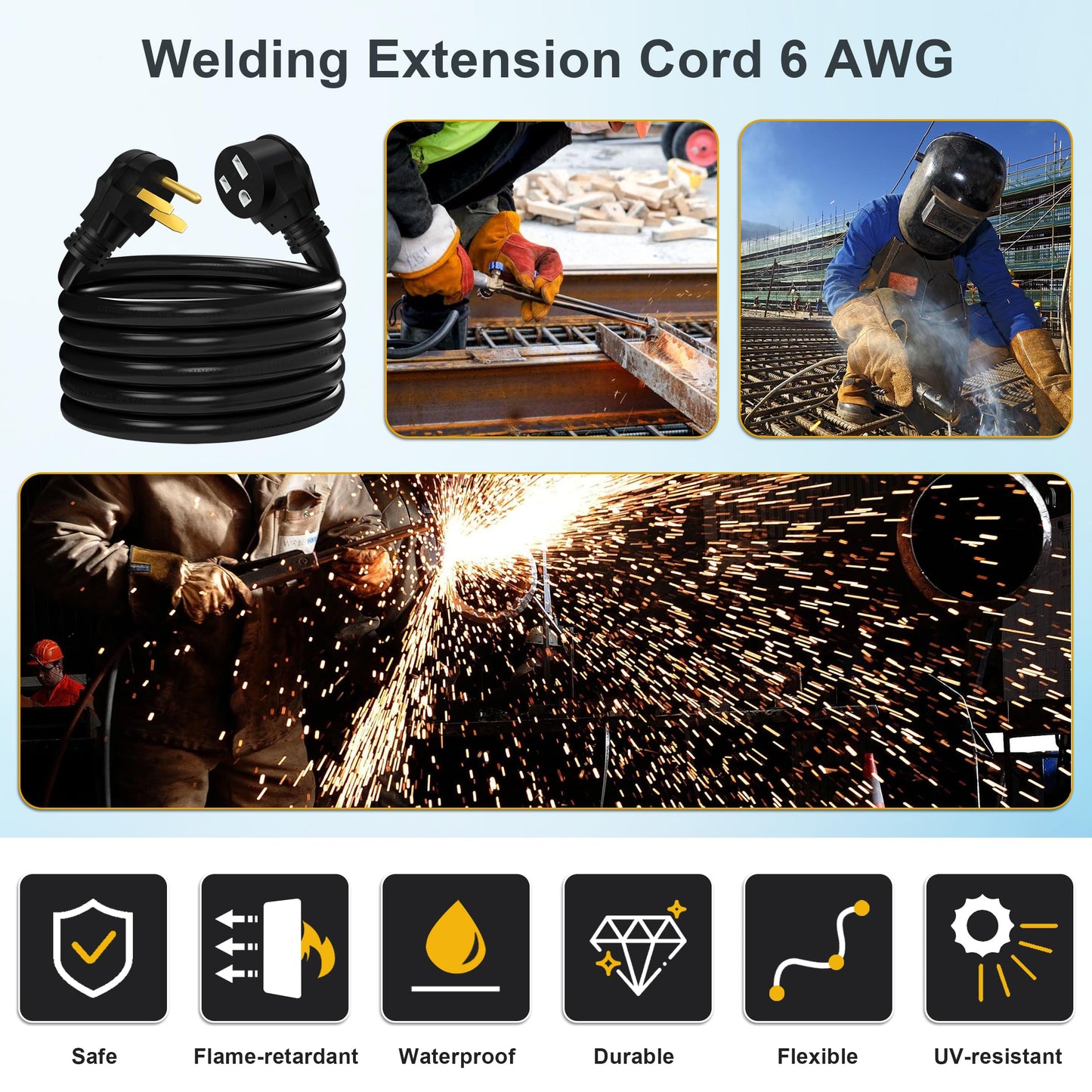 Welding Cord 6 AWG, 25FT, Welding Extension Cords 50 amp, 125V/250V Welding Power Cord NEMA 6-50P to NEMA 6-50R