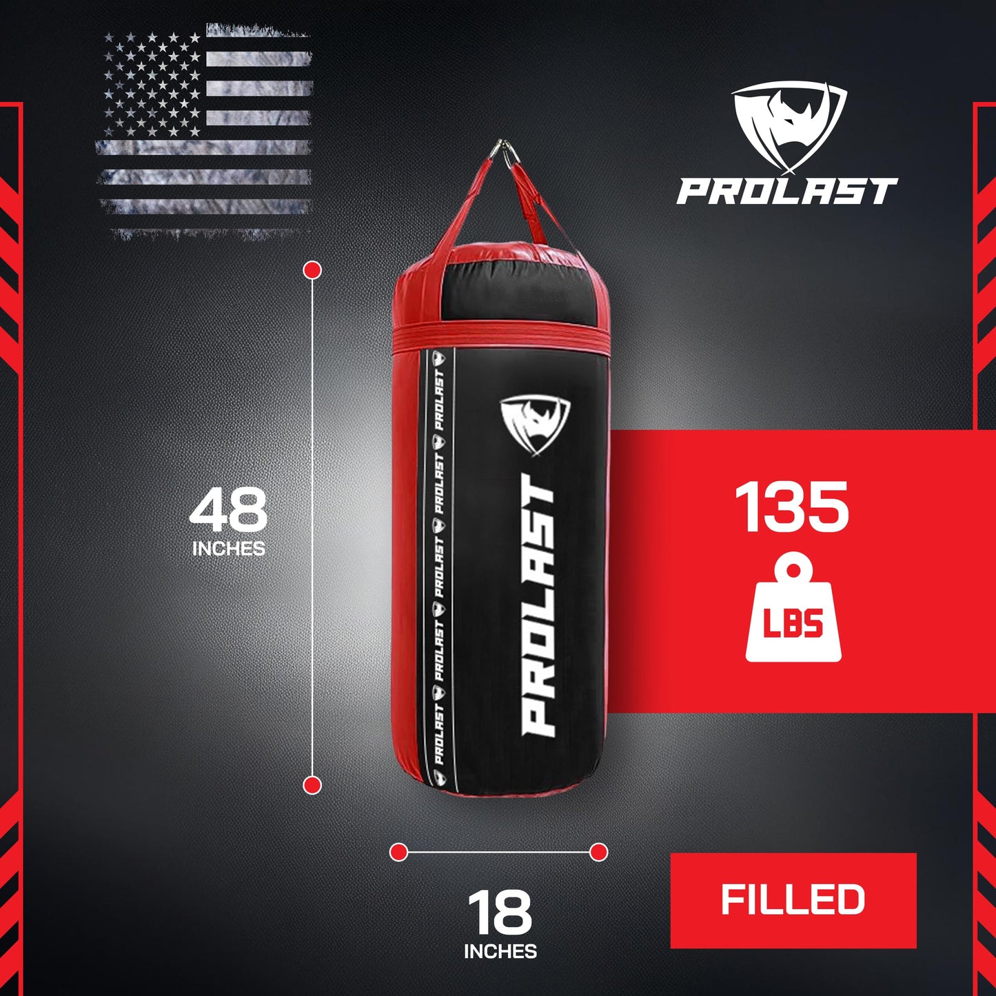 PROLAST 4Ft 135Lb XL Heavy Punching Boxing Bag for Adults, MMA, Martial Arts, Muay Thai, Kicking, Strength Training Equipment, Filled, New Edition Logo, Black and Red