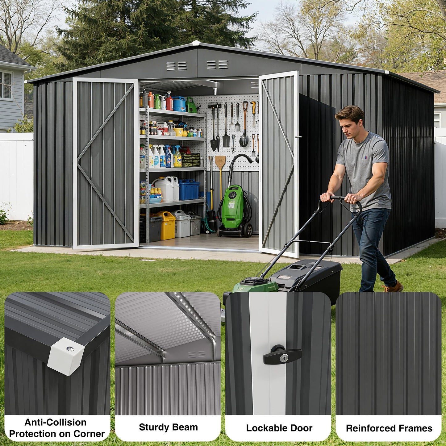 12 x 10FT Sheds & Outdoor Storage, Dark Grey Metal Waterproof Storage Shed with Door and Lock Outdoor Shed,All-Weather Shelter for Bike, Gardening Tools, Lawn Mowers