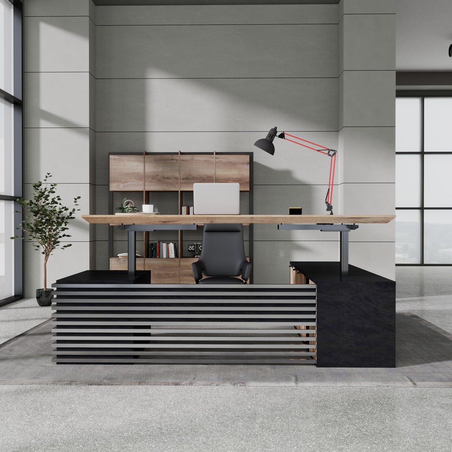 SAINTCY 86.61In L Shaped Executive Standing Desk with Drawers, Large Modern Adjustable Heigh Home Office Desk w/Universal Charging Ports, Business Workstation, Black and Warm Oak