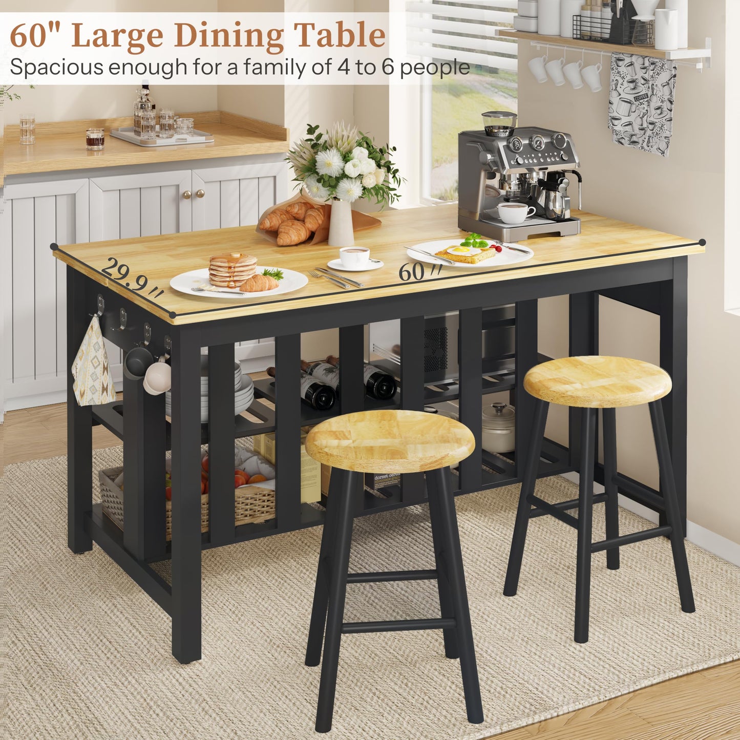 DynJest 60" Solid Rubberwood Kitchen Island with Power Outlets - Extra Large Work Surface, 3 Drawers & 2 Open Shelves Storage Cabinet for Kitchen Dining Room, Farmhouse Style (Black)