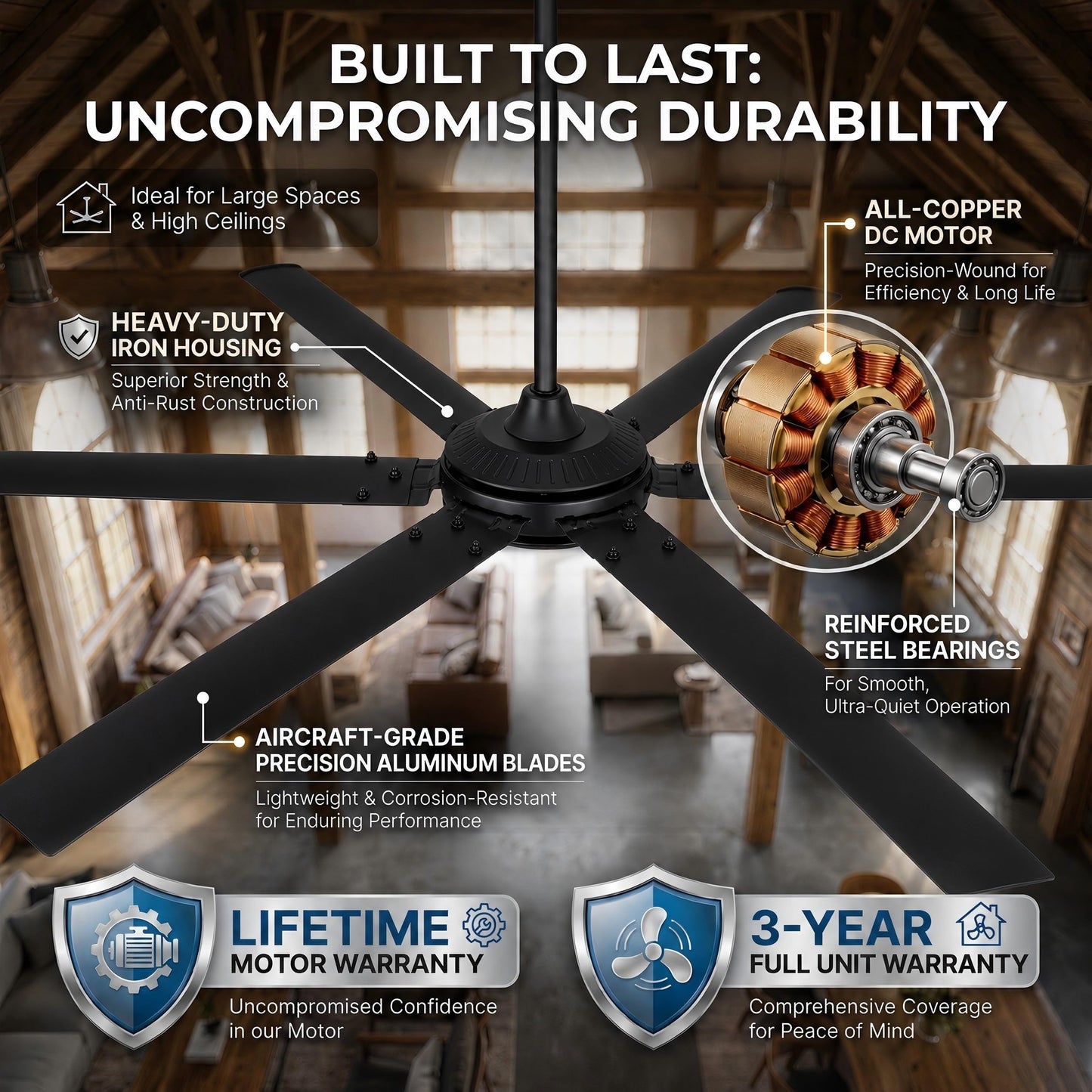 120 Inch Ceiling Fans without Lights Big Industrial Black Ceiling Fan for Shop Garage Gym, 6-Speed Reversible DC Motor Outdoor Ceiling Fans for Patios, Commercial Fan with Remote, 6 Aluminum Blades