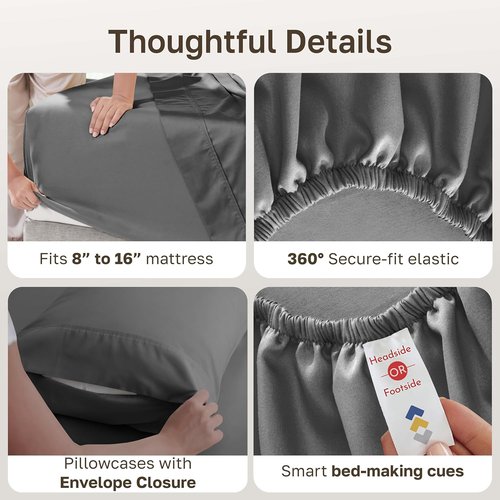 California Design Den Queen Size Sheet Set - 400 Thread Count 100% Cotton, Deep Pocket - Grey, 6-Pc with 4 Pillowcases
