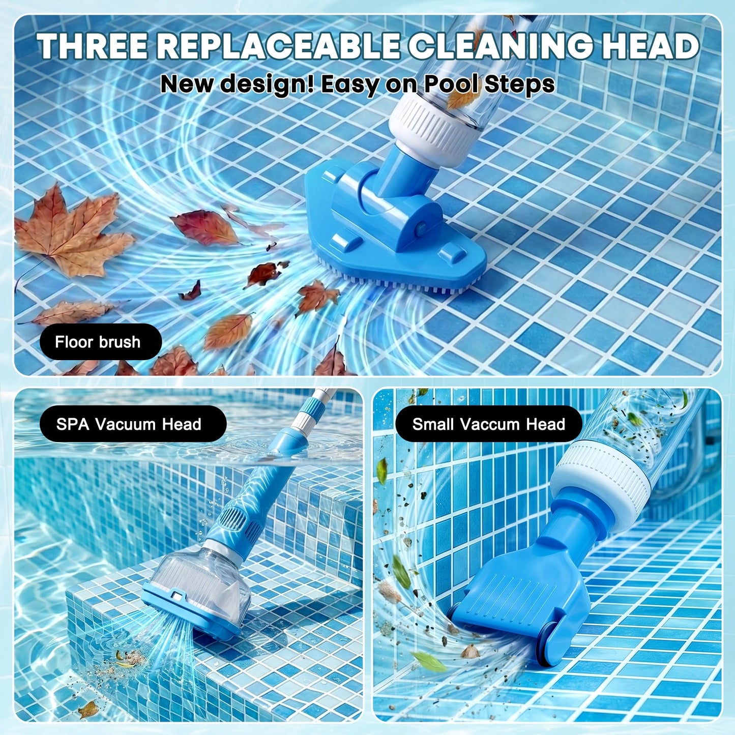 3-in-1 Cordless Pool Vacuum for Above Ground Pool, Handheld Spa Hot Tub Vacuum with 3 Brush Heads, 9.25 GPM Powerful Suction, 70 Mins Running Time, 6.04Ft Max Working Depth, Ideal for Leaves, Debris