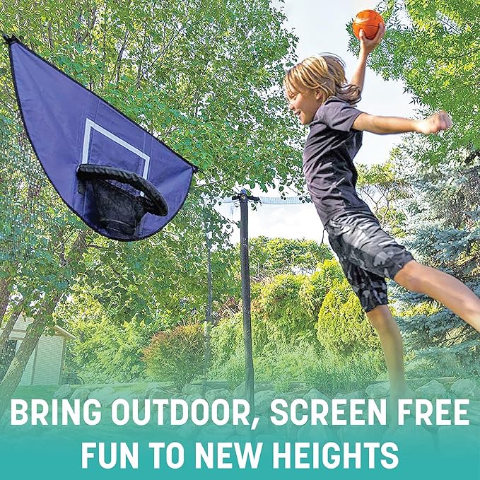 Skywalker Trampoline Outdoor 8 FT, 12 FT, 15 FT Jump N’ Dunk Round Outdoor Trampoline with Net, Trampoline Mat, and Basketball Hoop for Trampoline