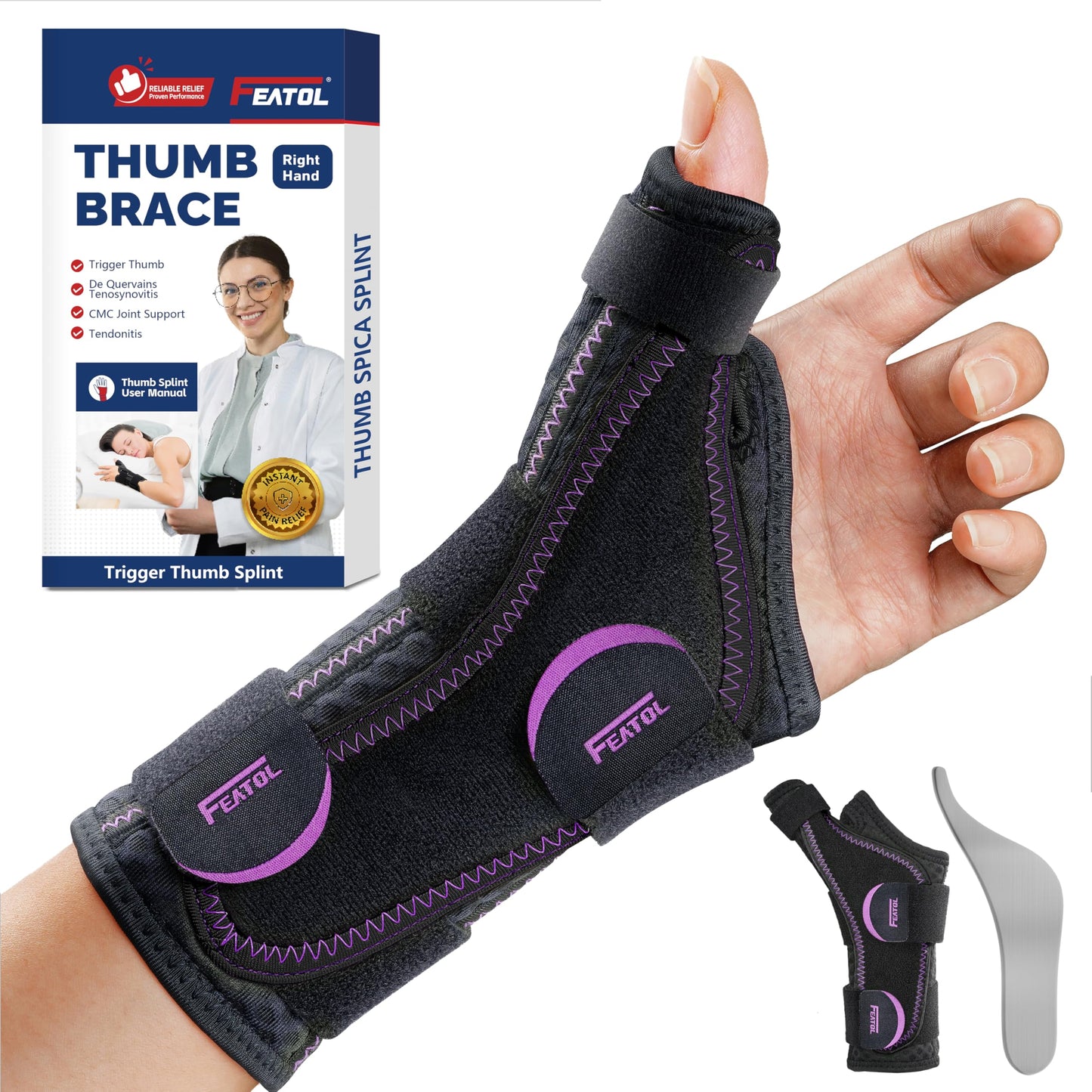 FEATOL Thumb Brace Left Hand - Ergonomic Support for Trigger Thumb, De Quervain's Tenosynovitis, Lightweight Wrist Brace for Carpal Tunnel, Size S/M, 5"-6.5", Black Purple