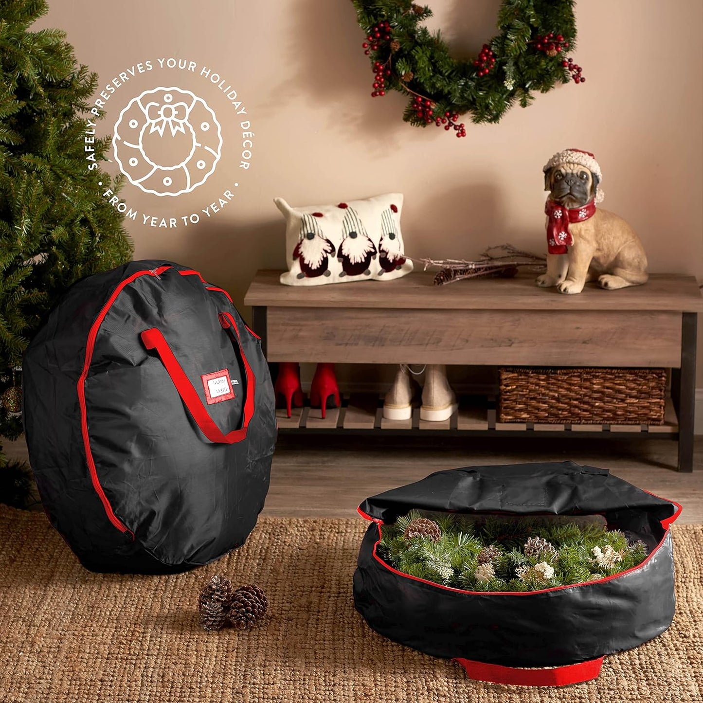 ZOBER Oxford Christmas Wreath Storage Container - 48 Inch Waterproof Bag with Dual Zippers & Durable Handles - Black