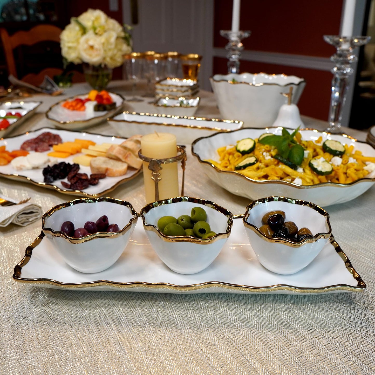 Regency Gold 4pc Porcelain Tray & Cond. Bowls Set, 14" Tray with 4.25" Bowls, Scalloped Edges & Metallic Gold Rim, Elegant Serveware for Dips, Sauces & Appetizers, Perfect for Entertaining & Holidays