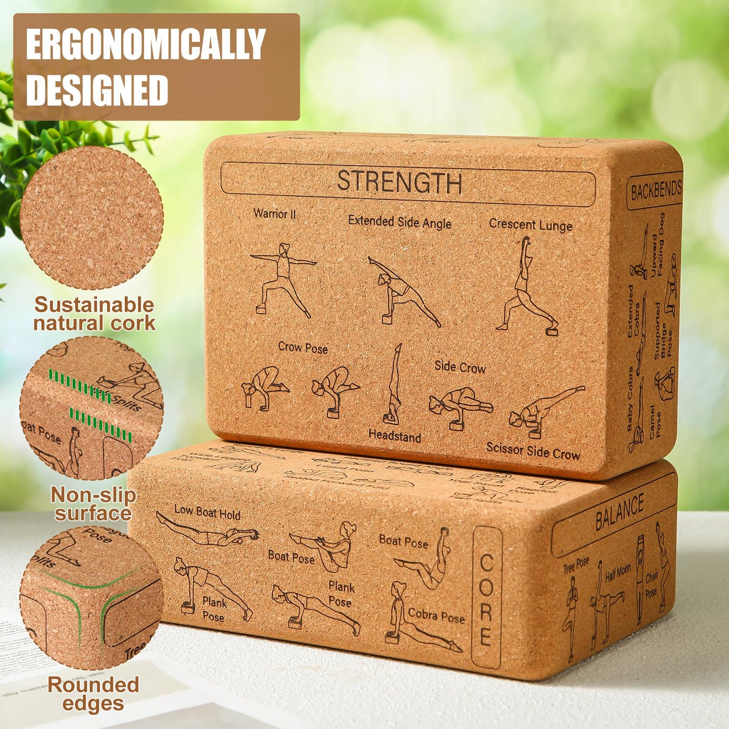Halloscume Cork Yoga Blocks 2 Pack Yoga Poses Teaching Cork Blocks, Suitable Poses for Beginners and Experts High Density Block with Non Slip Surface for Better Support, Balance Comfort (Beige)